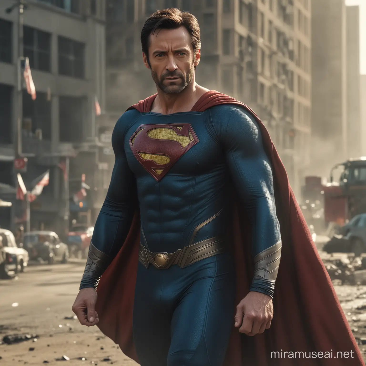 Hugh Jackman dressed as Superman, cinematic, 8k