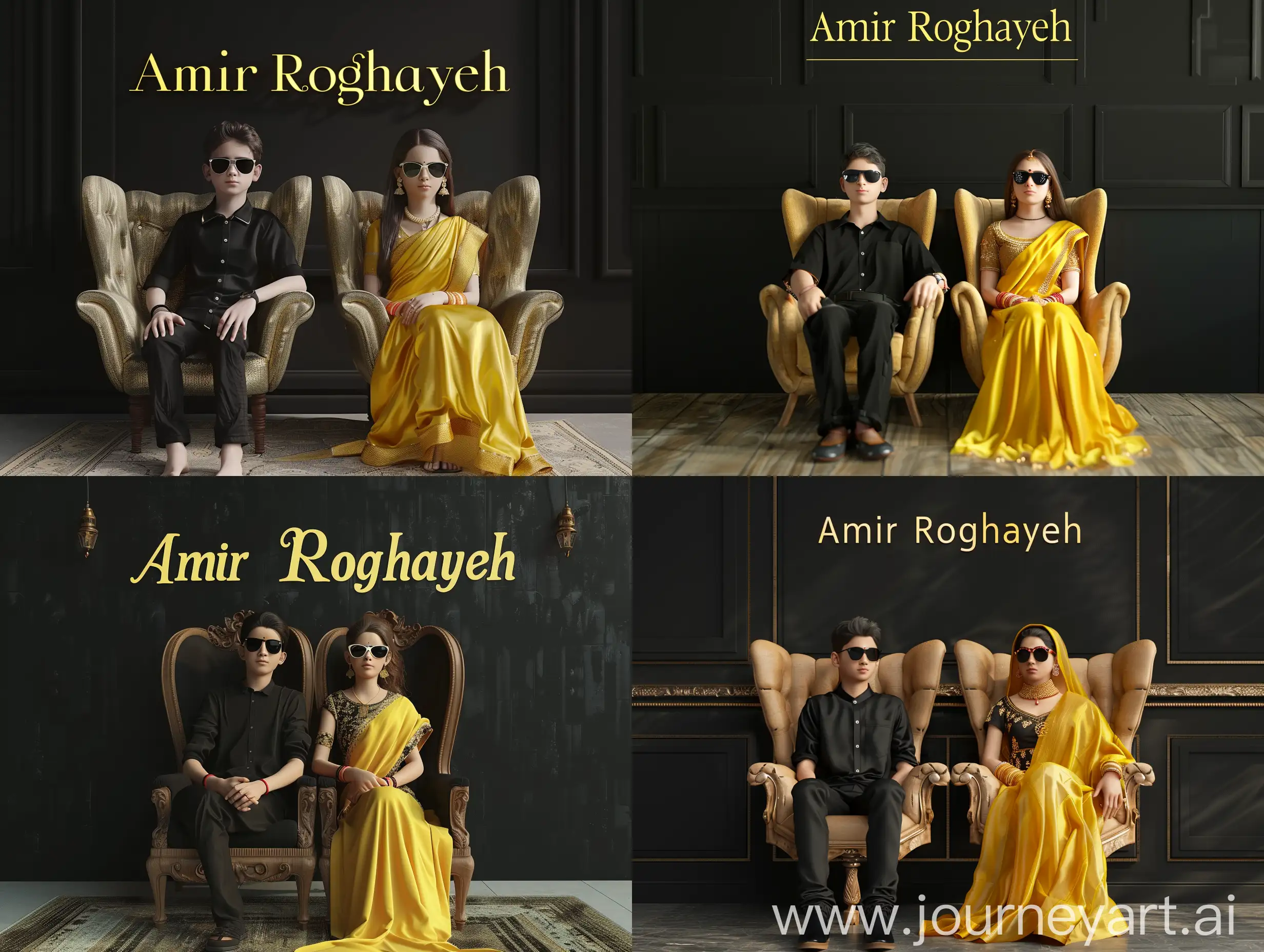 Create a 3D realistic image for a profile picture of a 28-year-old couple sitting comfortably in wings chair. The boy is wearing a black shirt pant and sunglasses. And the girl is wearing a yellow saree and sunglasses. they are looking ahead. “Amir” and “Roghayeh” are written in large font just above of them on the black wall in the background.