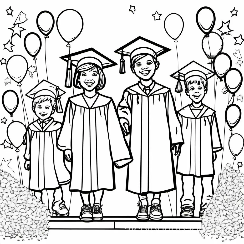 "Design a coloring page depicting preschool-aged children joyfully attending their graduation ceremony, wearing miniature caps and gowns, surrounded by balloons, confetti, and celebratory banners.", Coloring Page, black and white, line art, white background, Simplicity, Ample White Space. The background of the coloring page is plain white to make it easy for young children to color within the lines. The outlines of all the subjects are easy to distinguish, making it simple for kids to color without too much difficulty