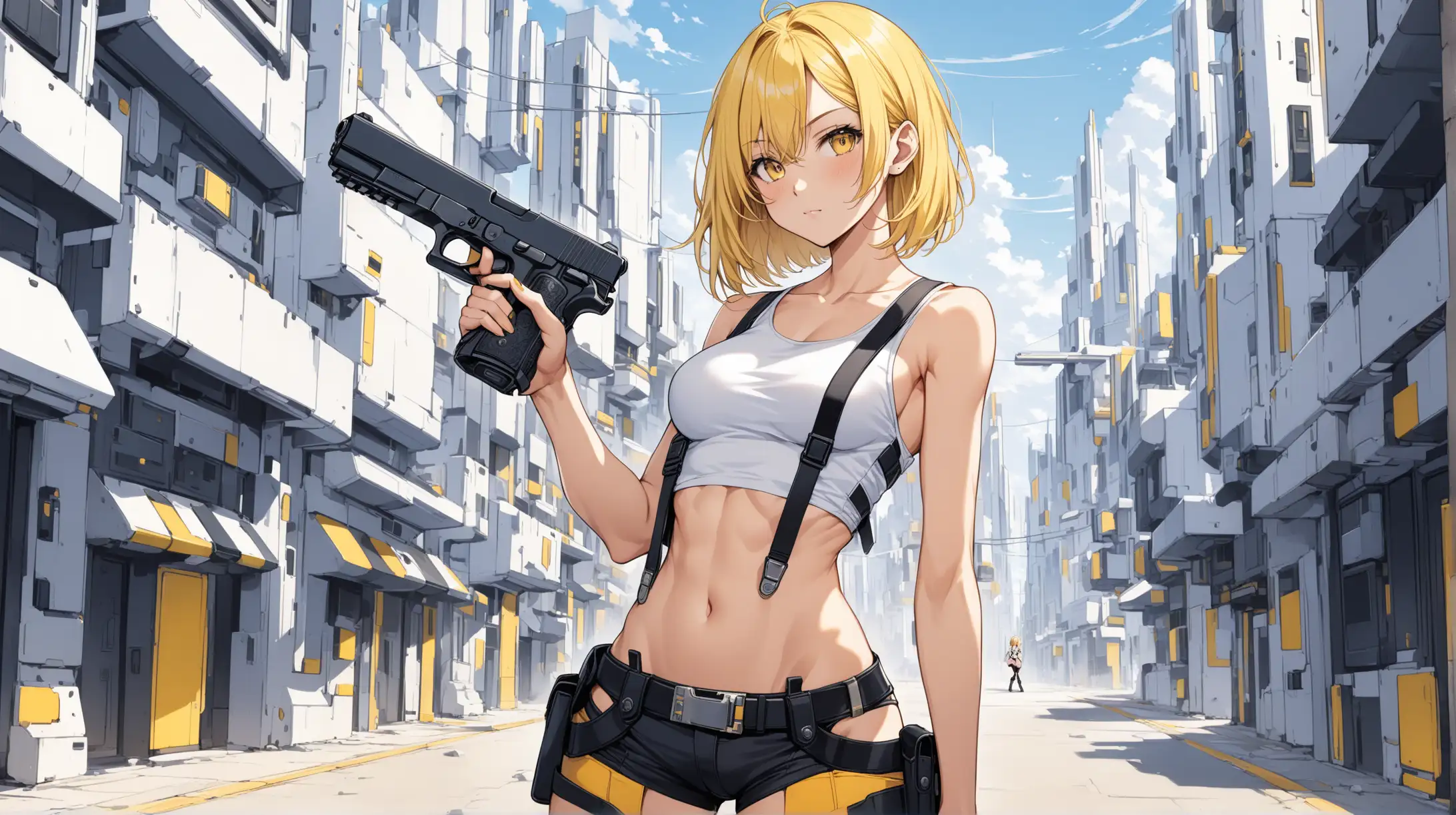sexy fit 24 year old hero girl, short chin length yellow hair, posing with handguns in futuristic town, super skinny toned body, short white tank top, sexy midriff, wearing suspenders, holsters on each thigh, combat boots, yellow black white 3 color minimal design