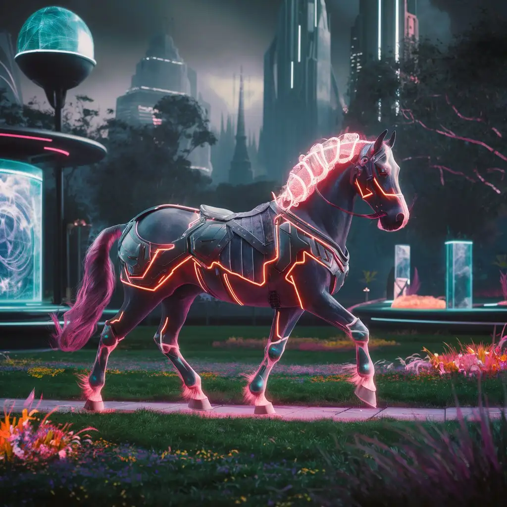 vivid colors, detailed, techno theme, futuristic, cinematic style, a horse is enjoying a walk in the park, mystery 