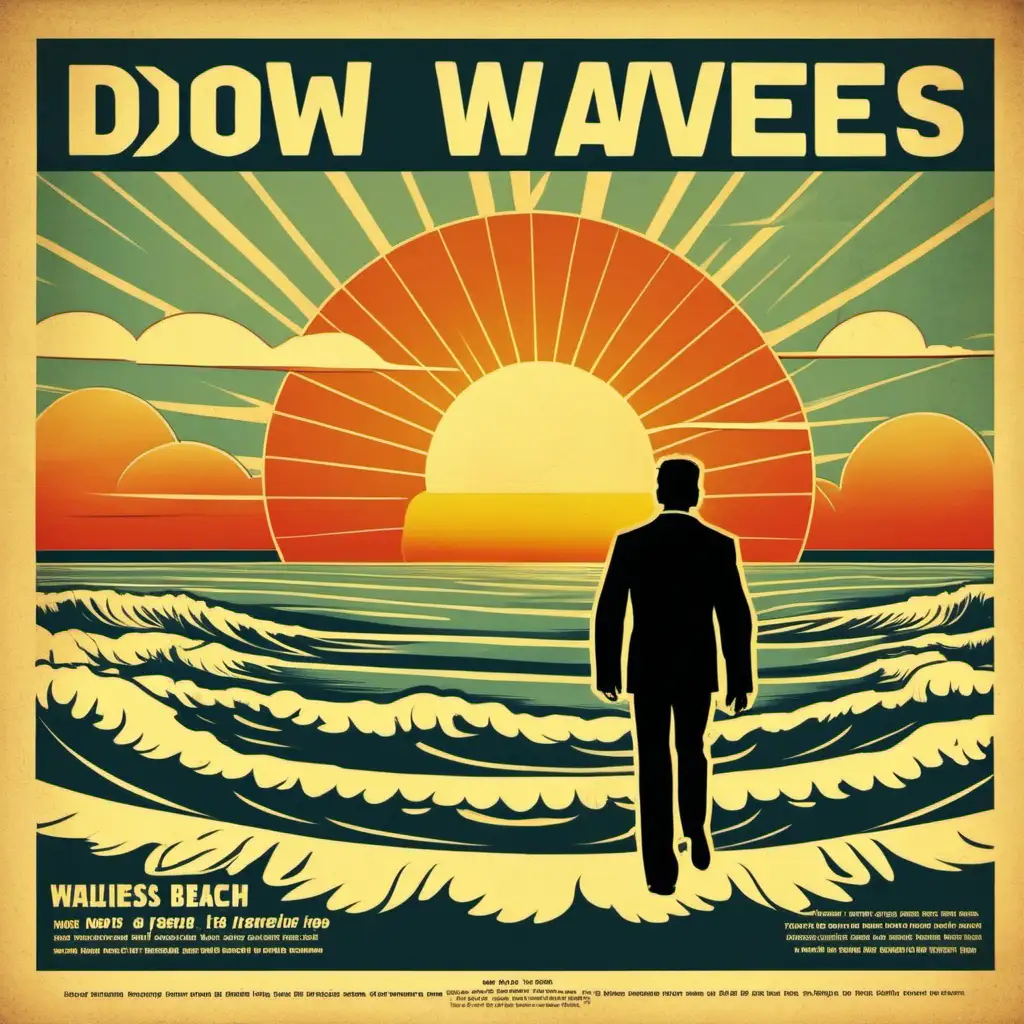 Retro infographic style advert, showing a man walking away from view, down a beach, towards breaking waves, with a sunset on the horizon