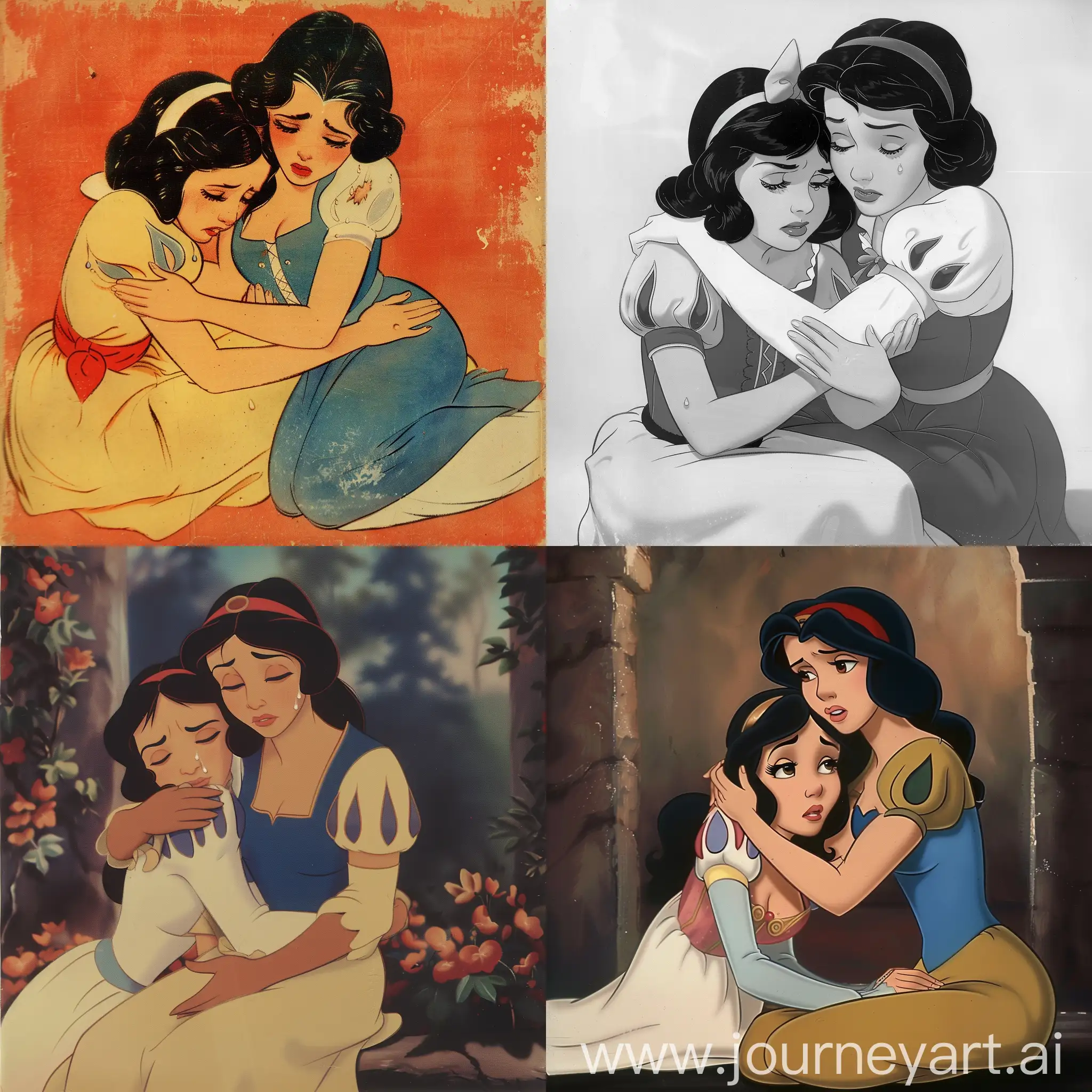 Lesbians sleeve short princess snow white crying drop hug sitting lying head against the chest Princess jasmine rip and Disney 1937s side view not colore 