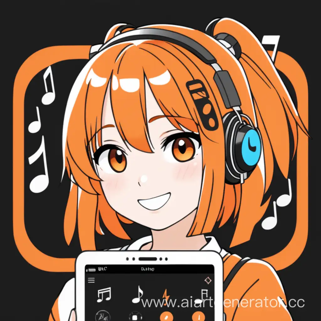 Smiling-Anime-Girl-Embracing-a-Vibrant-Orange-Music-App-Icon-in-a-Summer-Setting