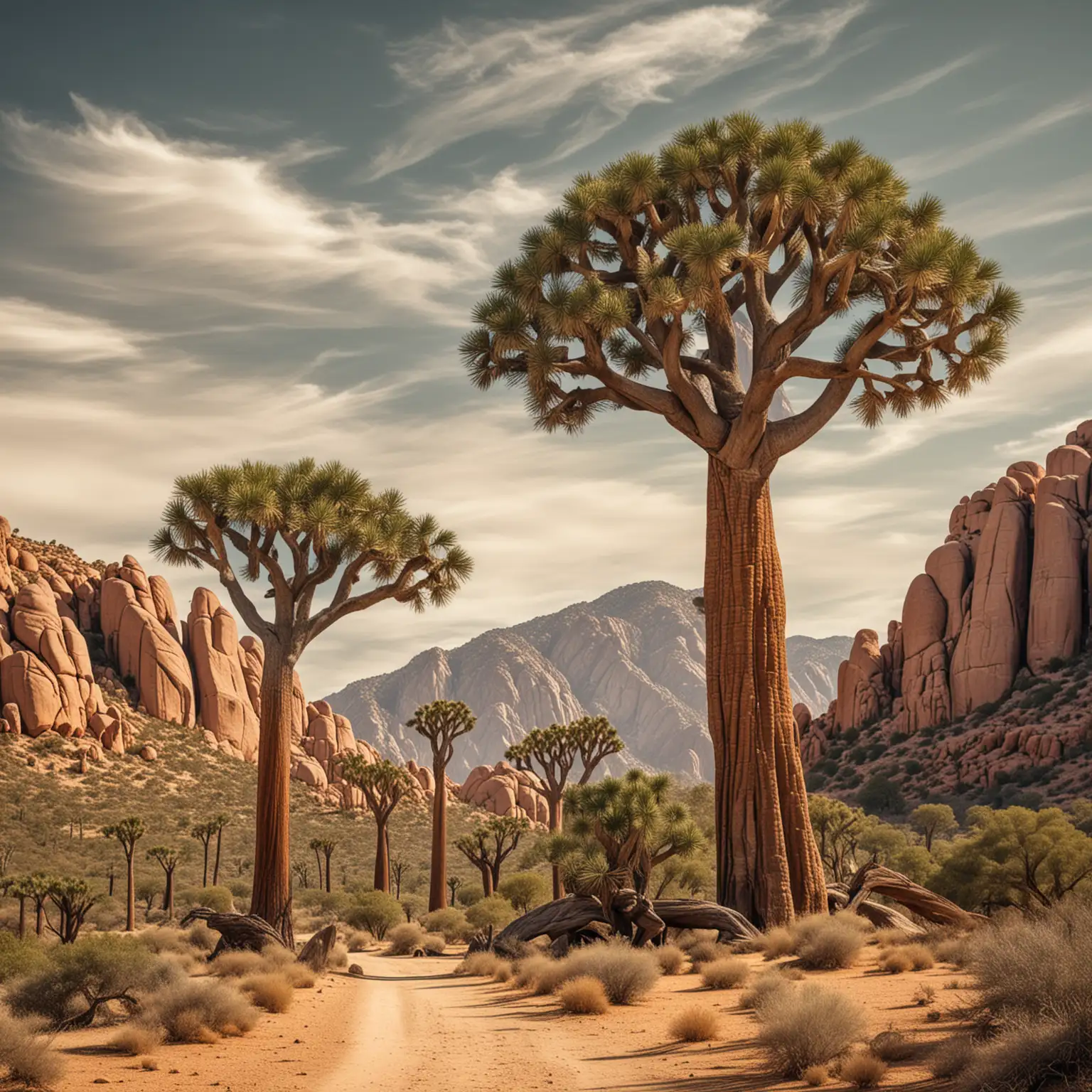 Create a surreal image showing 4 very different types of trees, a Baobab tree, a Joshua tree, a Banyan tree and a giant Sequoia tree all placed together on one mountain side.