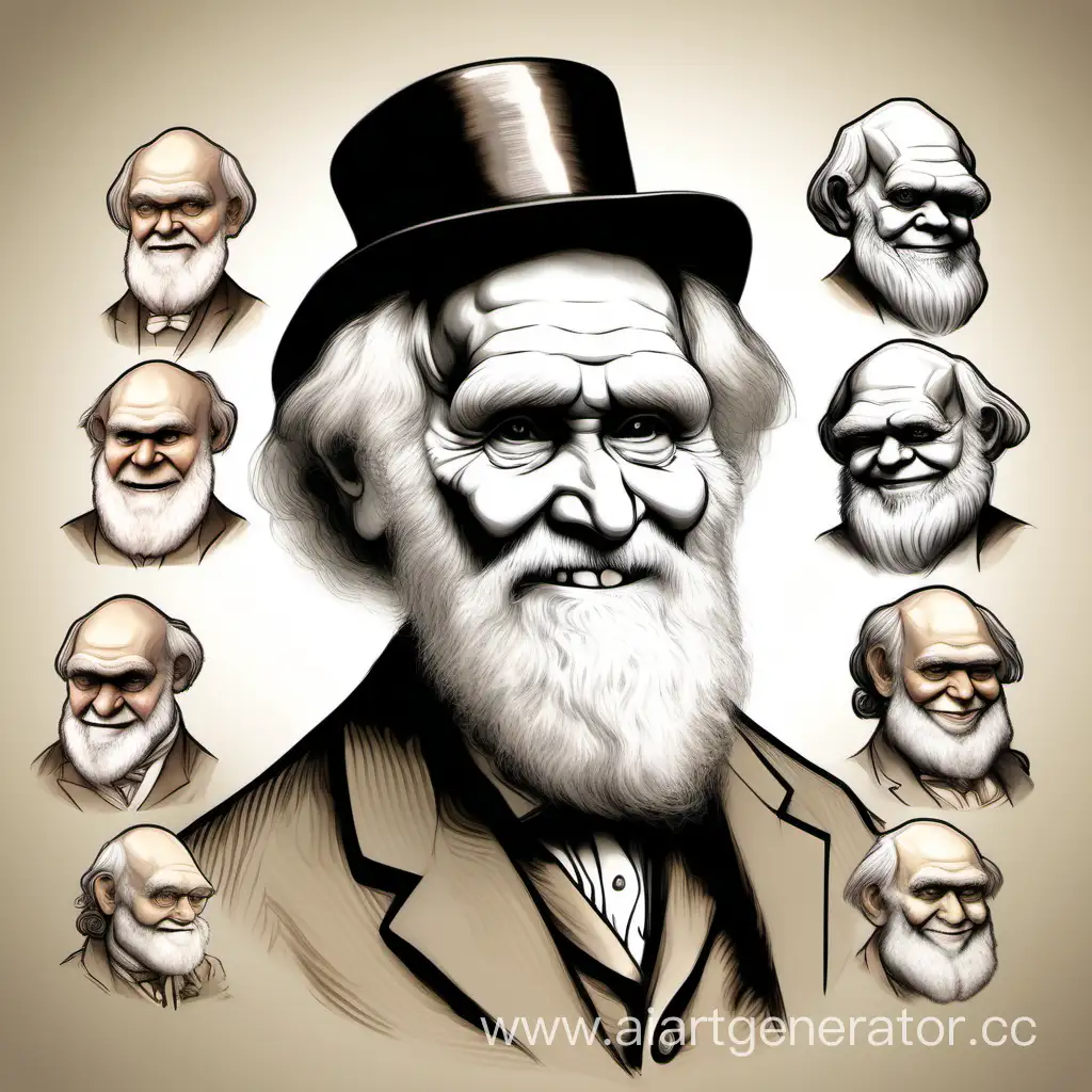Чарльз дарвин  улыбается биолог эволюция портрет рисунок карикатура