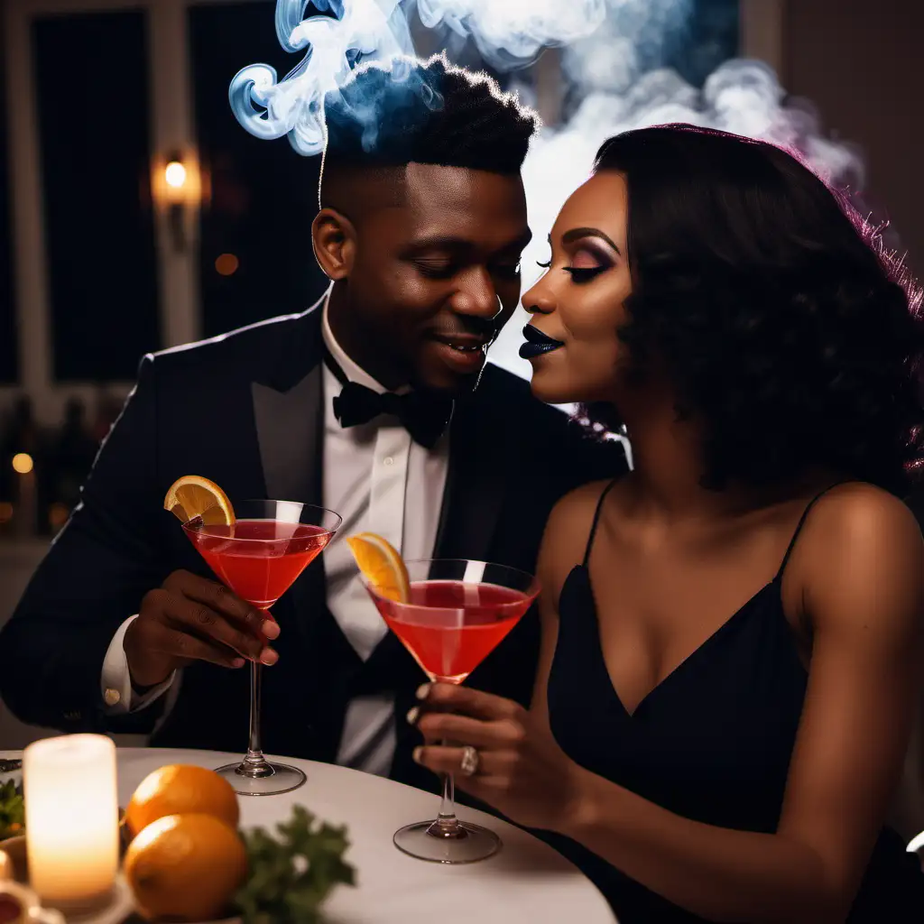 Beautiful black couple at a dinner party having cocktails with smoke in the air.
 