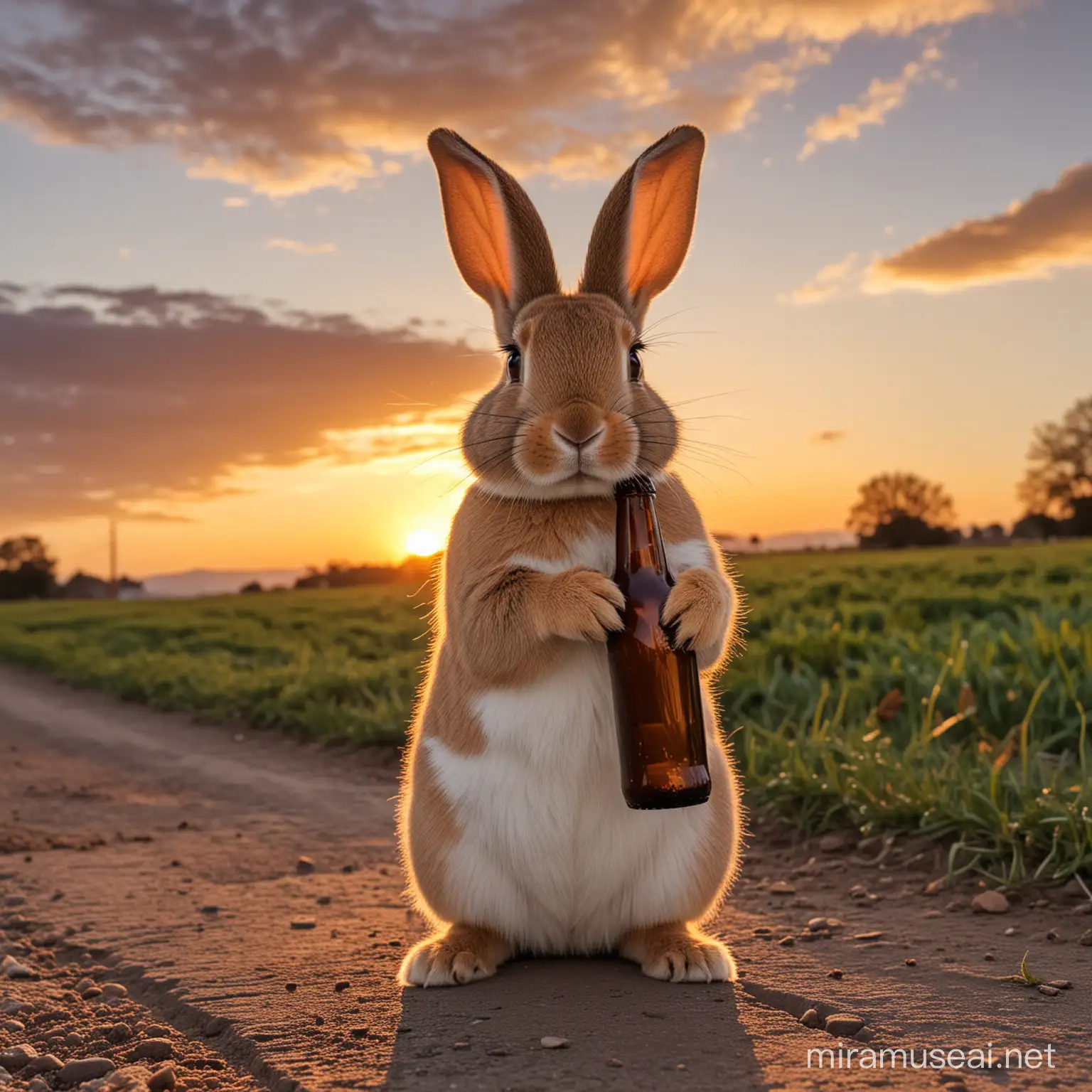 A long rabbit holding a beer bottle at sunset