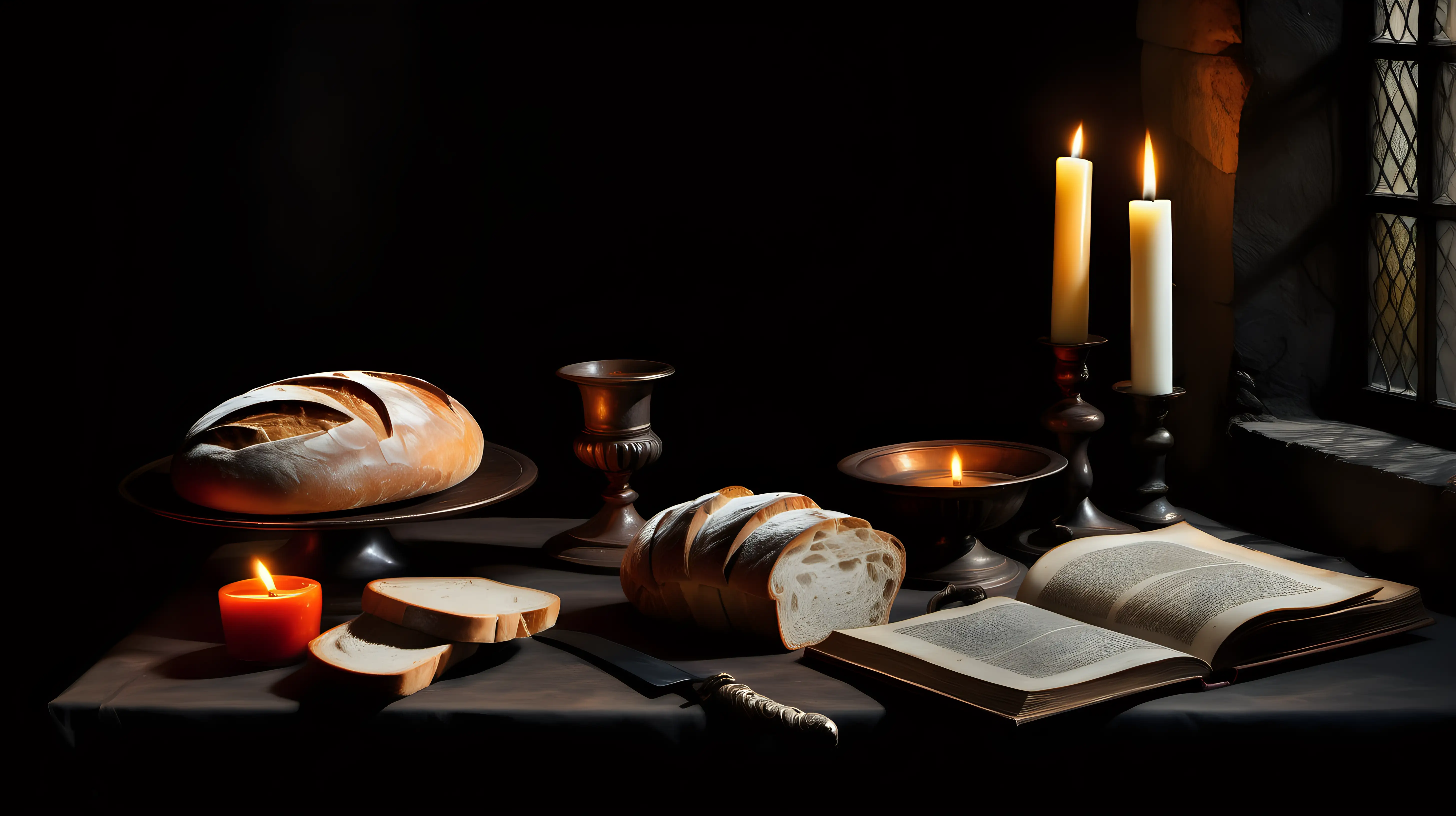 Still life in style of 1500s paintings, Table by a window, bread, knife, book, candle. dark background 