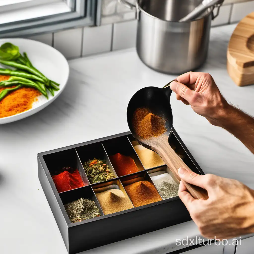 Use a spoon to scoop out seasoning from the seasoning box in the kitchen