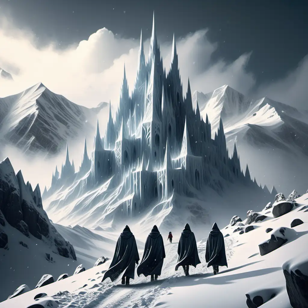 Immense, snowy mountains with shapes resembling icy snow castles.  Snow is falling.  Two men and two smaller women in cloaks walk forward on the mountain slope with their backs to us