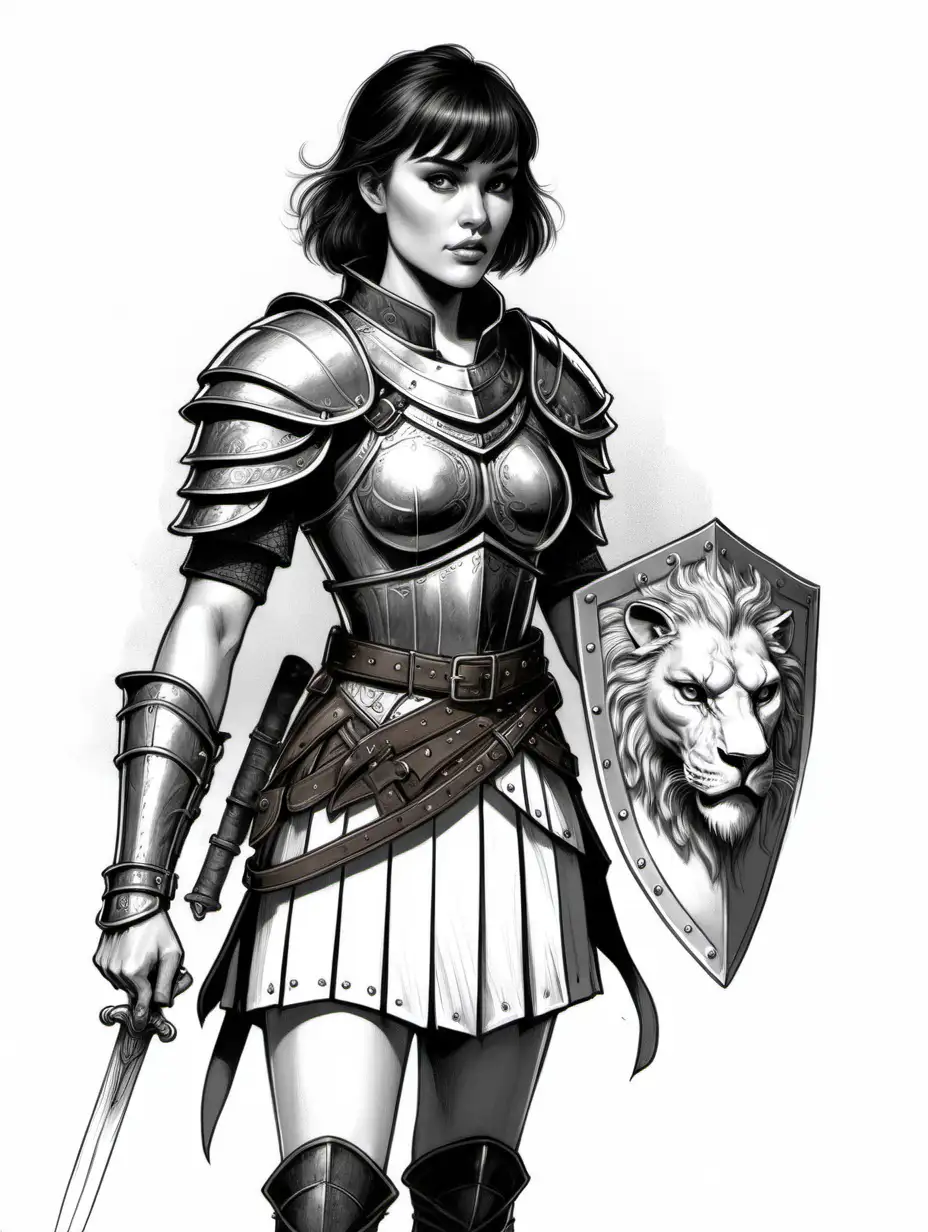 Young Keira Korpi, black and white sketch with short dark hair and bangs, 4-size chest, narrow waist, wide hips, squire warrior, D&D character, light steel cuirass with a deep neckline and leather overlays, lion head protection on the right shoulder, light leather mini-skirt with a wide belt, 3/4 length, white background
