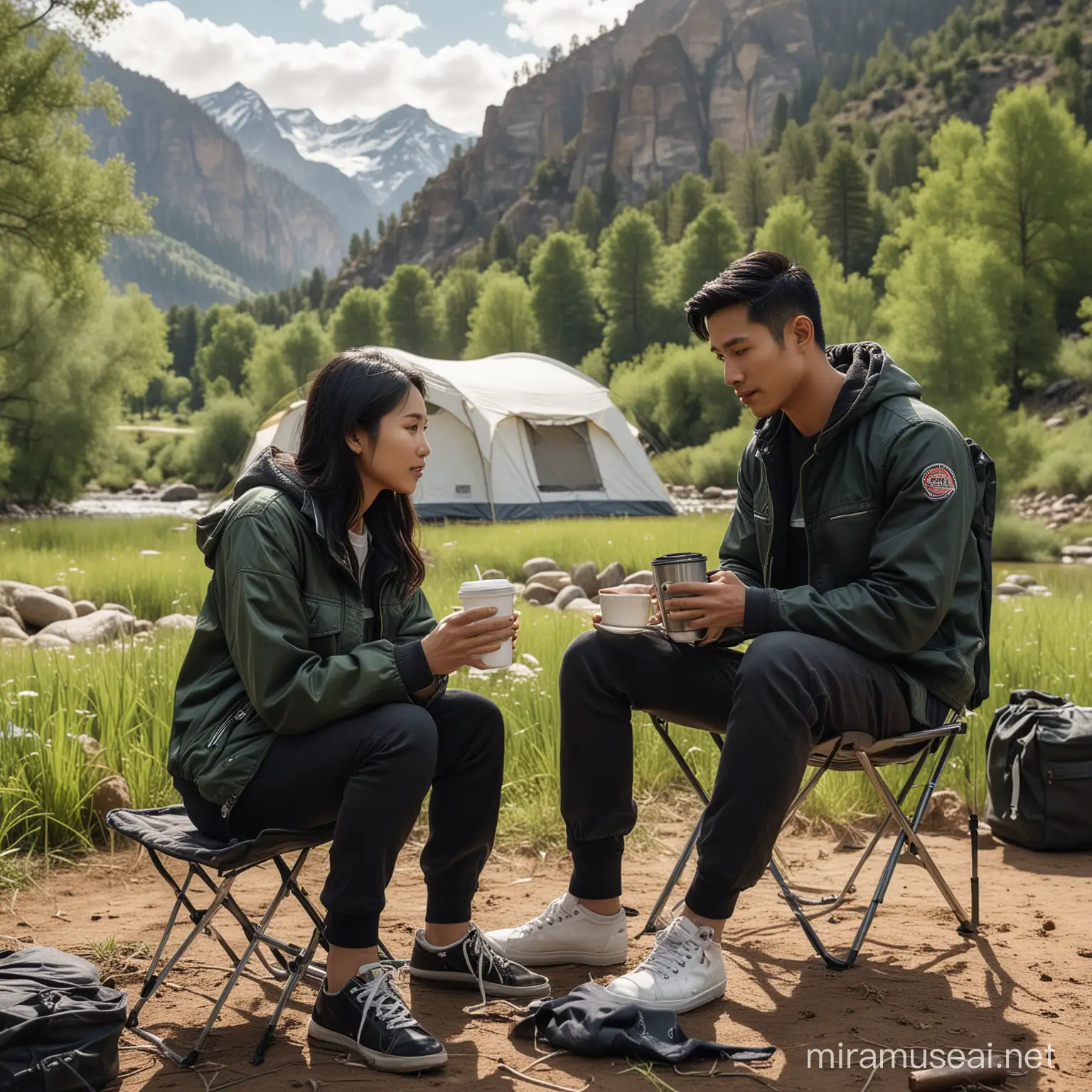 A beautiful asian woman with medium black hair and asian man sits on a portable folding chair in front of a tent.they has a clean face and is wearing a black trucker jacket, black pants, and white shoes. In her hand, she holds a cup of hot coffee, while a thermos of hot water is placed on a portable folding table beside her. The scene is set on the banks of the American River, with vibrant green and fresh grass surrounding her. In the background, tall mountains covered in dense forests serve as a backdrop. The sky is adorned with white clouds, casting minimal light on the scene. The image is captured in ultra HD, showcasing the original photo with high detail and sharpness. The aesthetic of the image leans towards realism, with a photography style reminiscent of a Leica camera.
