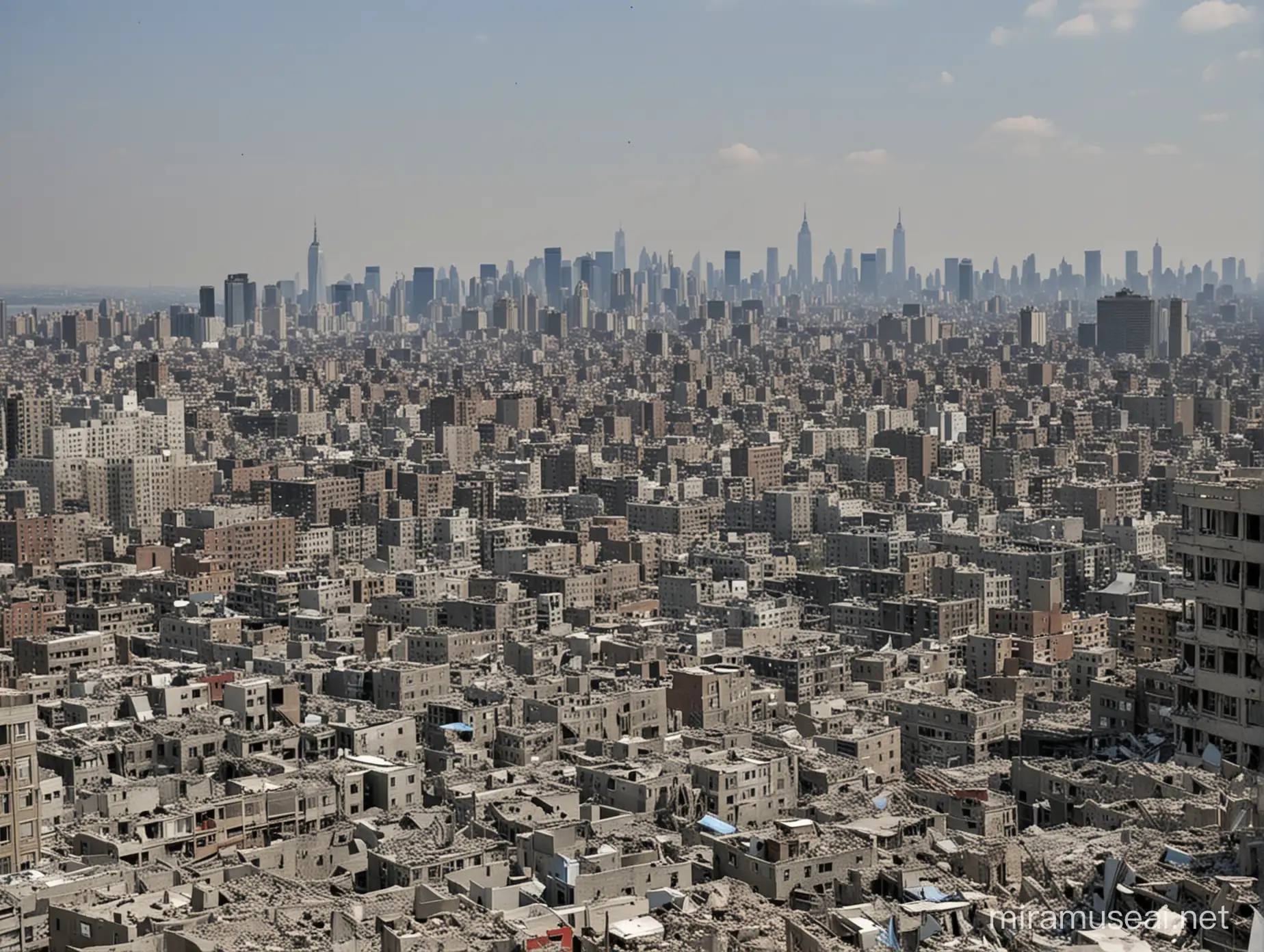 New York City panoramic view destroyed by bombing in the way Gaza  is now but worse, everything blue-grey, no buildings functional, rubble everywhere, some high rise buildings collapsed, big craters in the ground