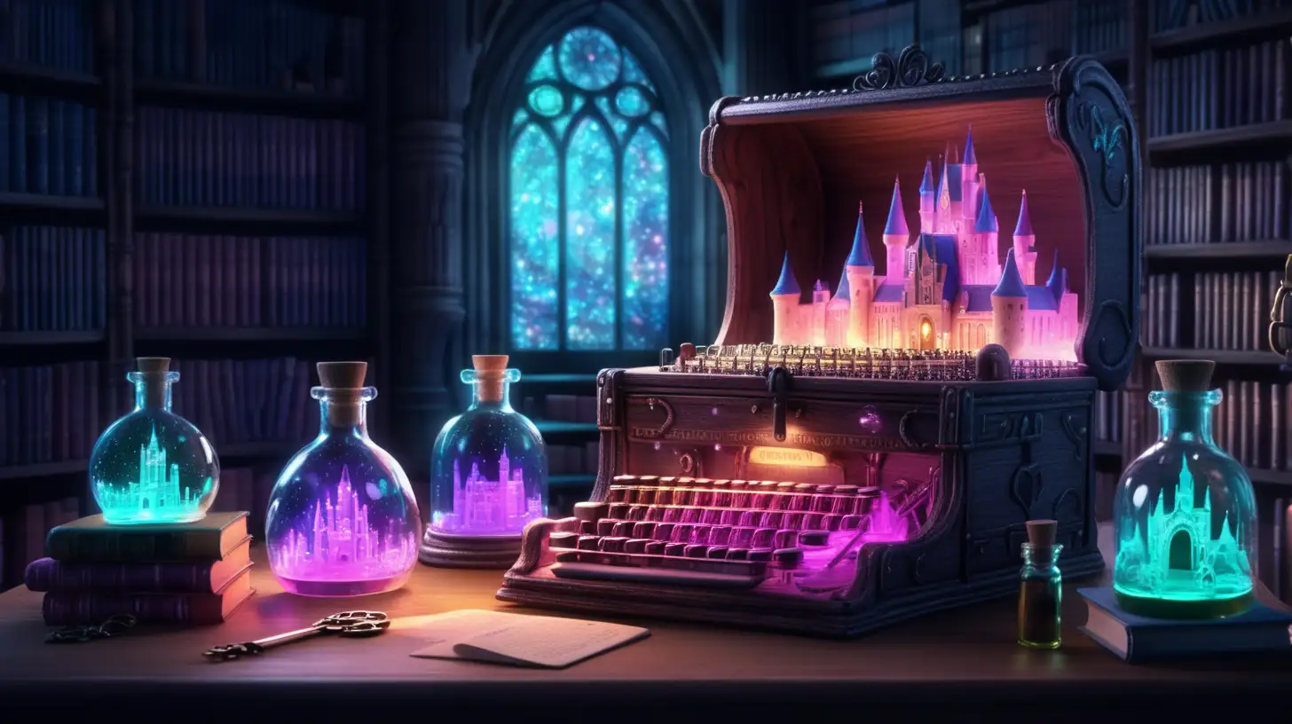 Enchanted Library Glowing Key Box and Iridescent Castles
