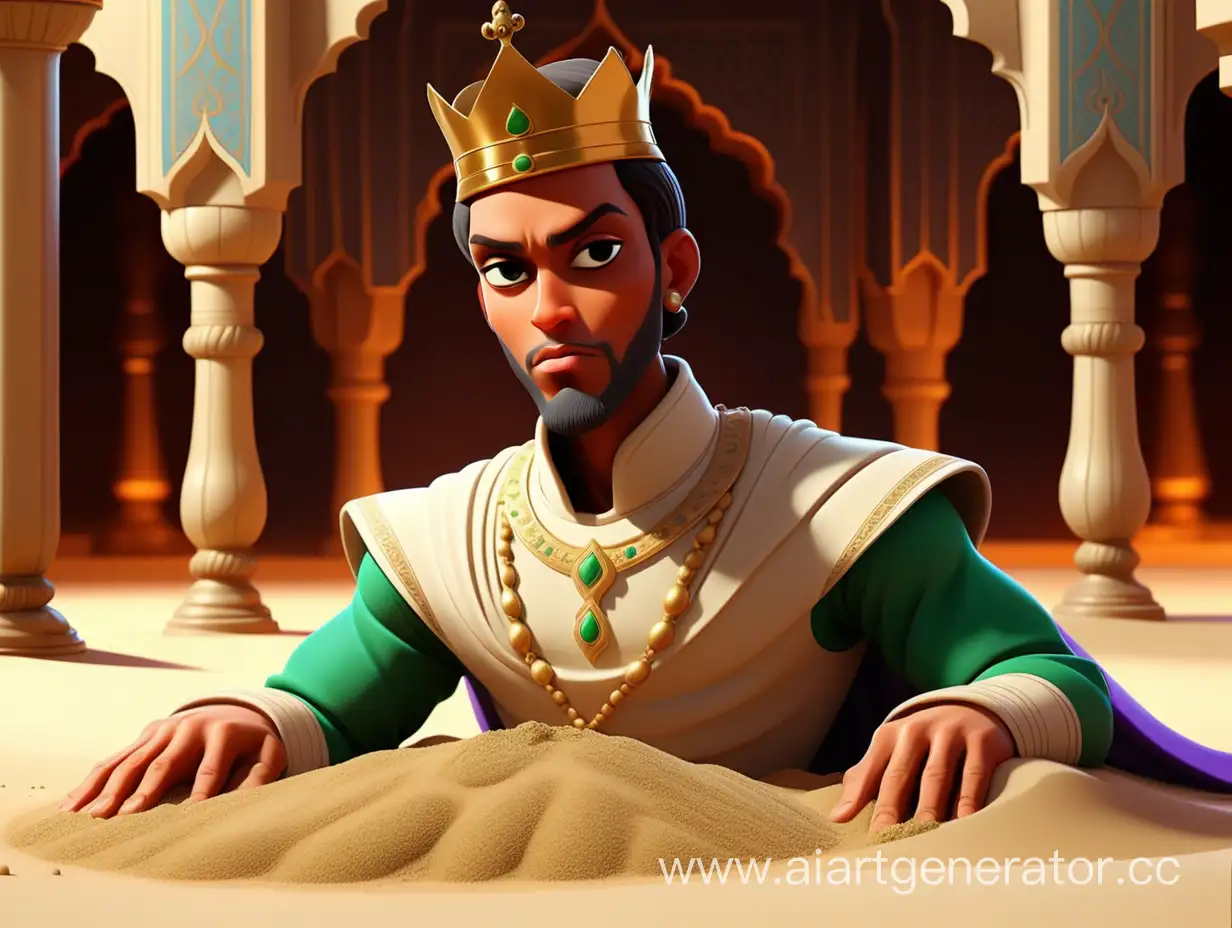 cartoon style, 8k, Prince Umar's body turned into sand   in the palace

