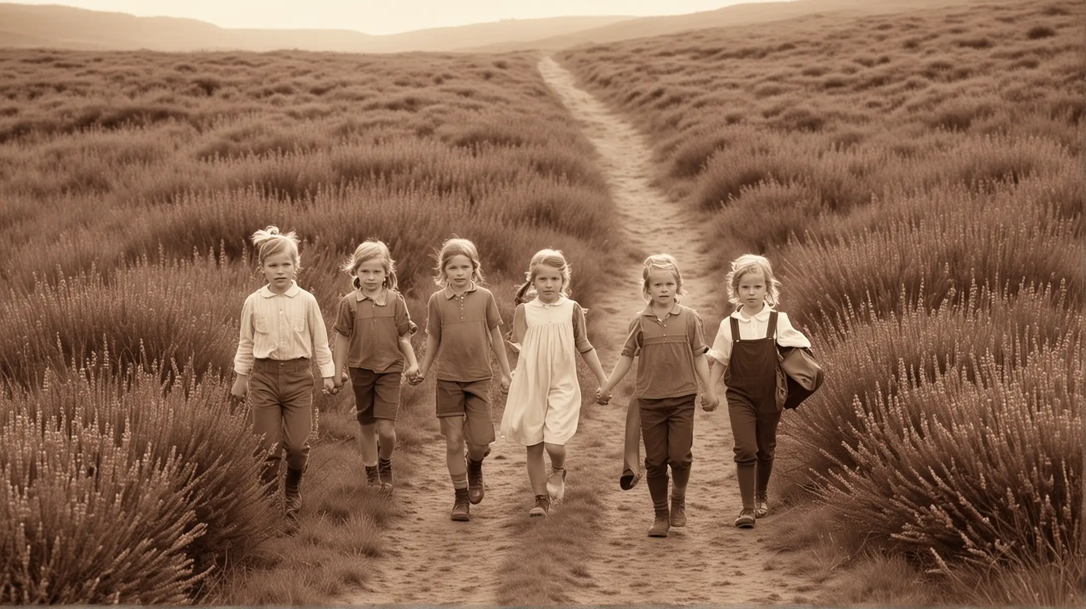7 enfants années 60 marchand sur un chemin dans un champs de bruyères en sépia