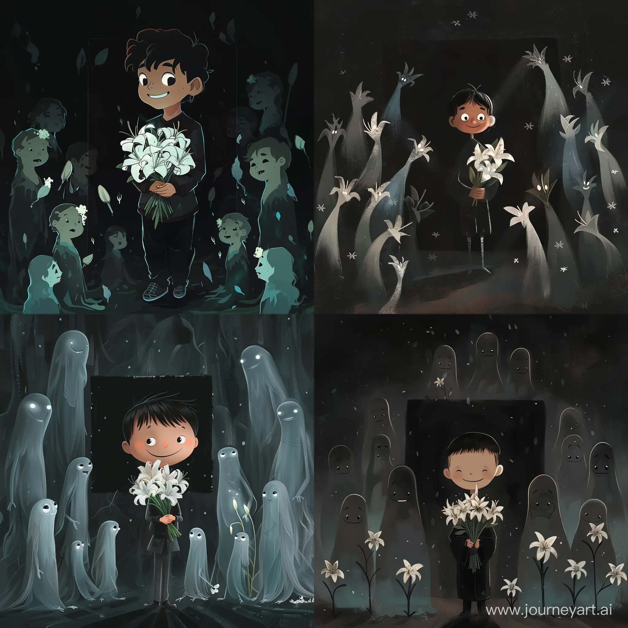 A boy stood holding a bouquet of white lilies, wearing a black outfit, with a smile on his face. All around stood spirits. In the black square room