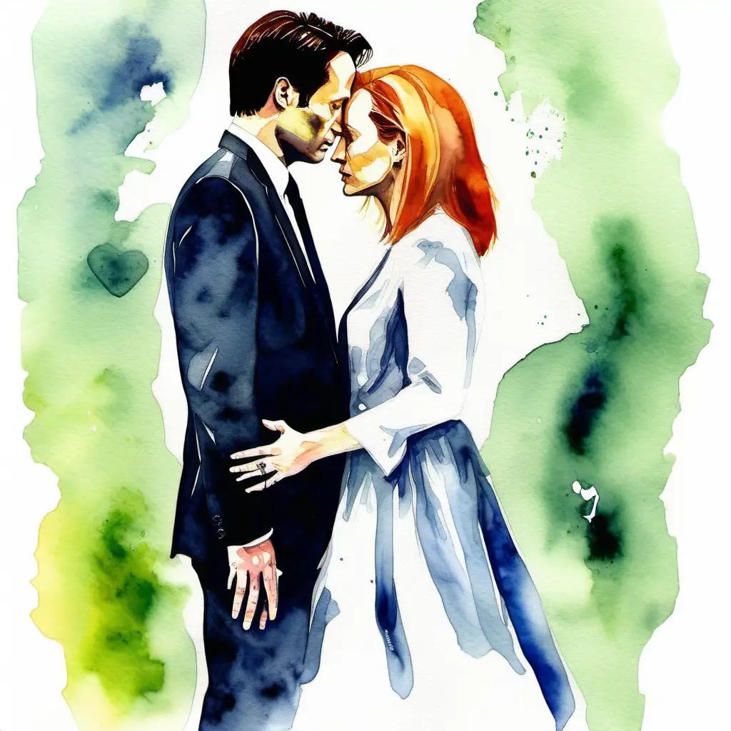 mulder and scully from the x files romantic watercolour wedding portrait