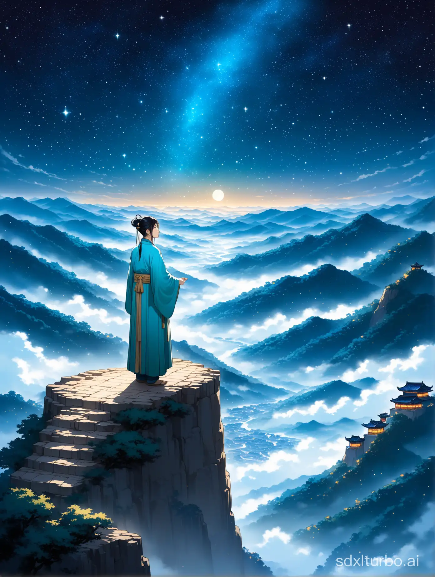 "A mystical and timeless scene depicting a scholar in ancient China, standing on a high cliff overlooking a vast, starry night sky. The scholar, dressed in traditional flowing Hanfu, looks upward with a contemplative expression, seemingly questioning the heavens. The sky is filled with stars and a visible celestial palace, suggesting an otherworldly realm. The landscape is serene with misty mountains in the background, adding to the ethereal and introspective atmosphere of the scene."