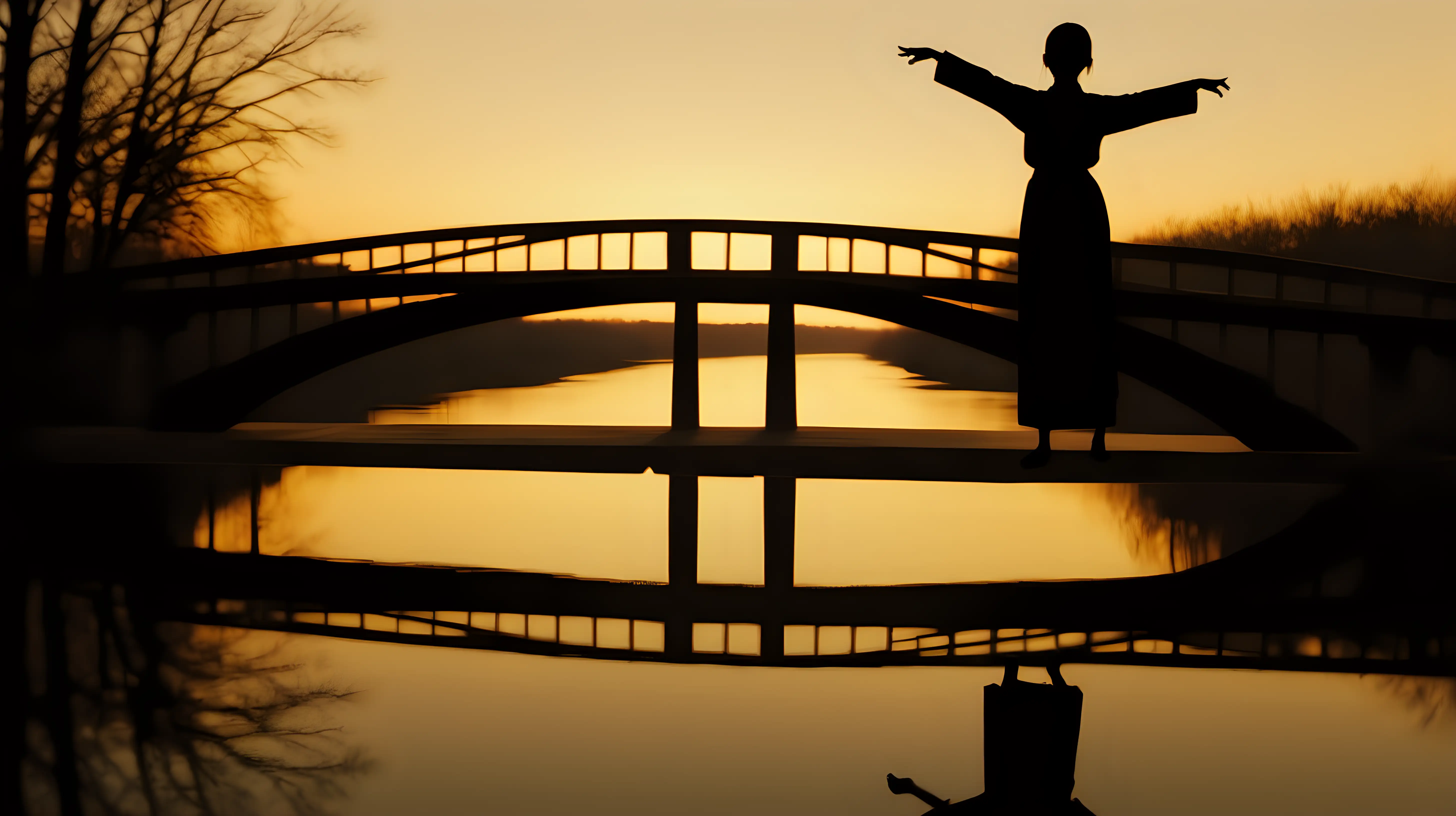 /imagine prompt: A silhouette of someone on a bridge, arms open, as the last light of day casts a golden sheen over a calm river. The water reflects the colors of the sunset, with the bridge providing a gentle arch over the tranquil scene. The figure's pose suggests a narrative of journey and reflection. Created Using: golden hour, river reflection, bridge structure, tranquil water, narrative pose, journey and reflection theme, crisp silhouette against sunset, hd quality --ar 16:9 --v 6.0