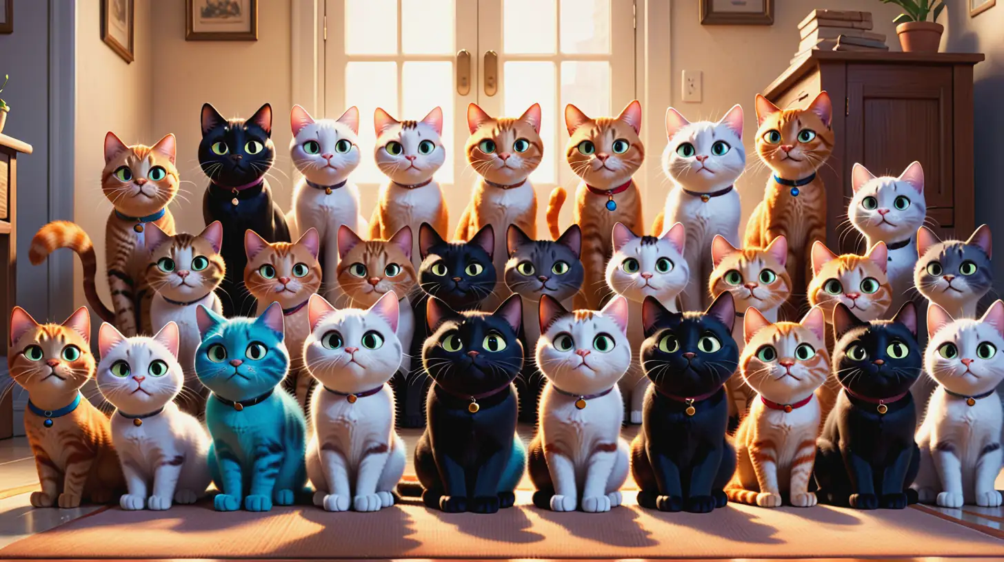 Joyful Gathering of 100 Cats Vibrant PixarInspired Illustration