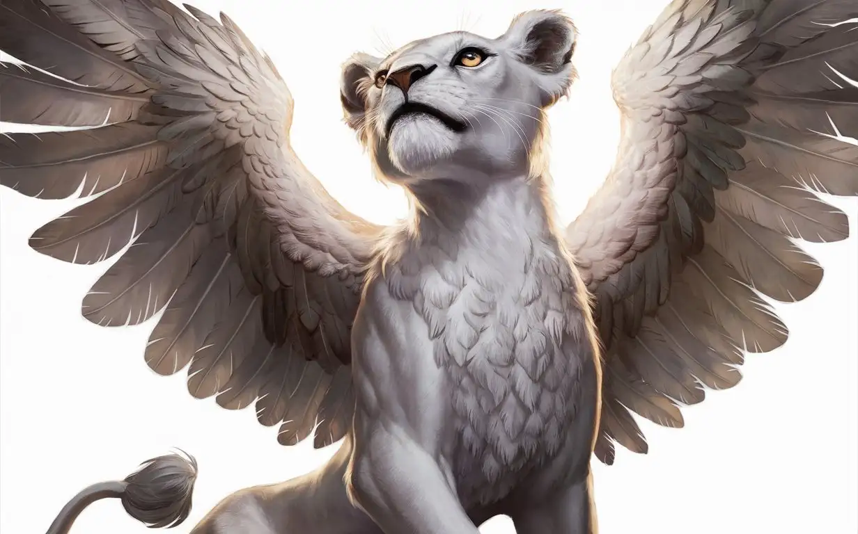 A white lioness girl with gray eyes, feathers like an owl on her body, large wings on her back, dynamic pose, full height, 8K