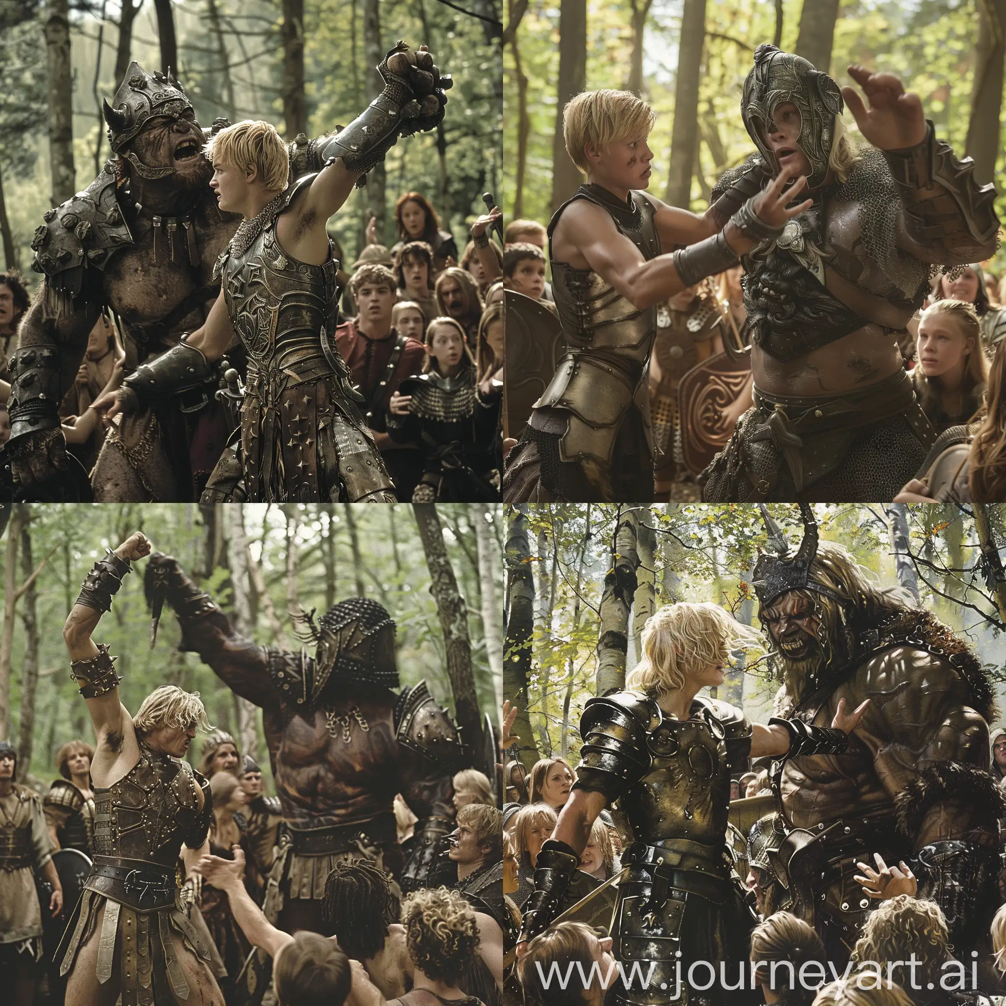 Cinematic scene from a movie where a young, thin blond warrior dressed in iron armor without a helmet is fighting with a giant barbarian warrior in the forest, they are surrounded by citizens encouraging the fight