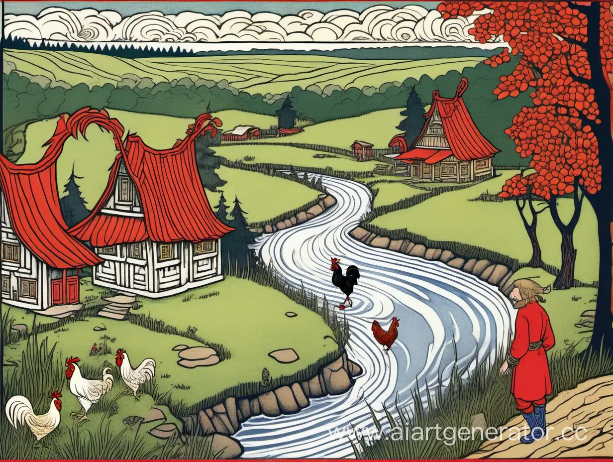 Russian-Folklore-Rooster-Strolling-by-Village-and-Forest