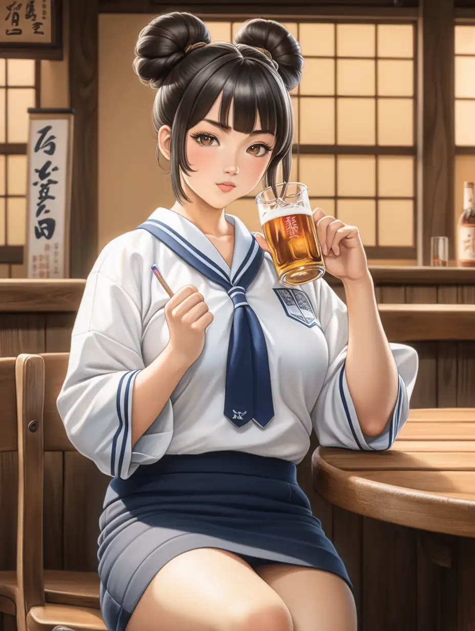 画一个成熟的日本女人，身材微胖，梳着高发髻，穿着校服，大腿略粗，面色高冷，在酒馆喝酒