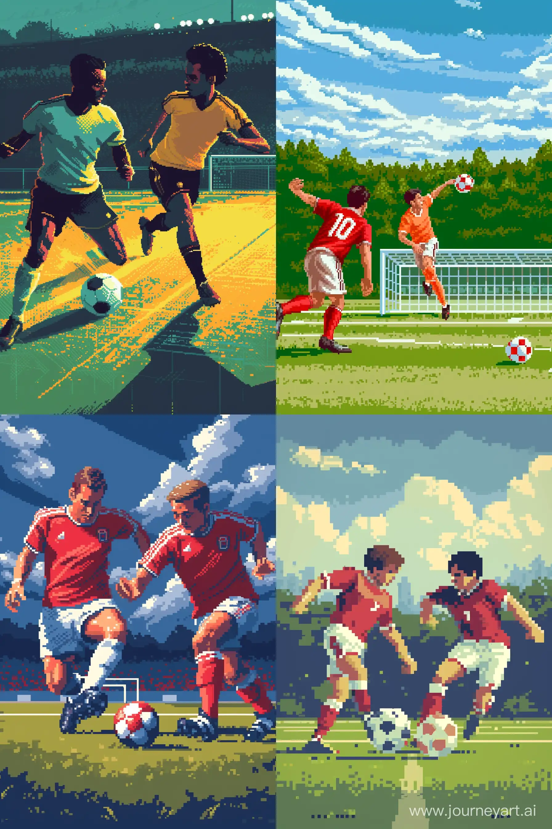 a retro 8-bit theme illustration, pixel art, two football players in a football pitch, realistic sports view, 8 bit art, simplified, pixel game style --chaos 10 --ar 2:3 --v 6.0