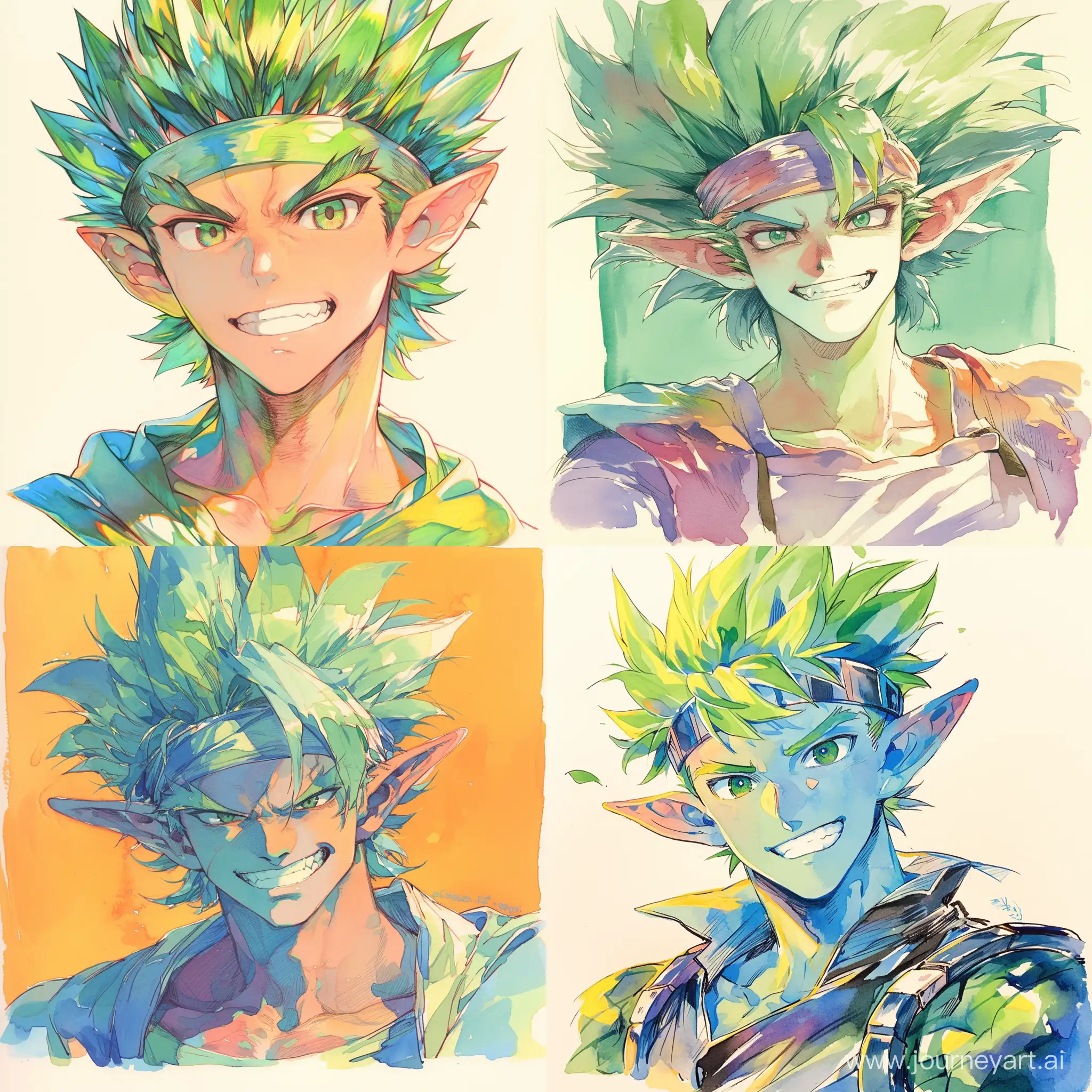 1boy, male focus, solo, pointy ears, green hair, smile, spiked hair, grin, green eyes, headband, traditional media, looking at viewer, teeth, portrait, shirt, colored skin, upper body --niji 6