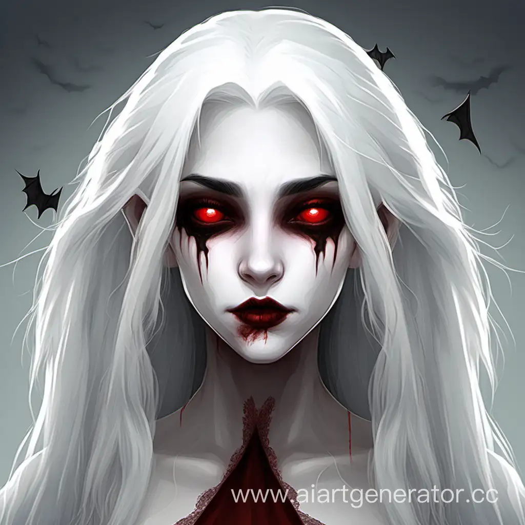 сделай бледного и частично иссохшего вампира девушку с белыми волосами и красными глазами