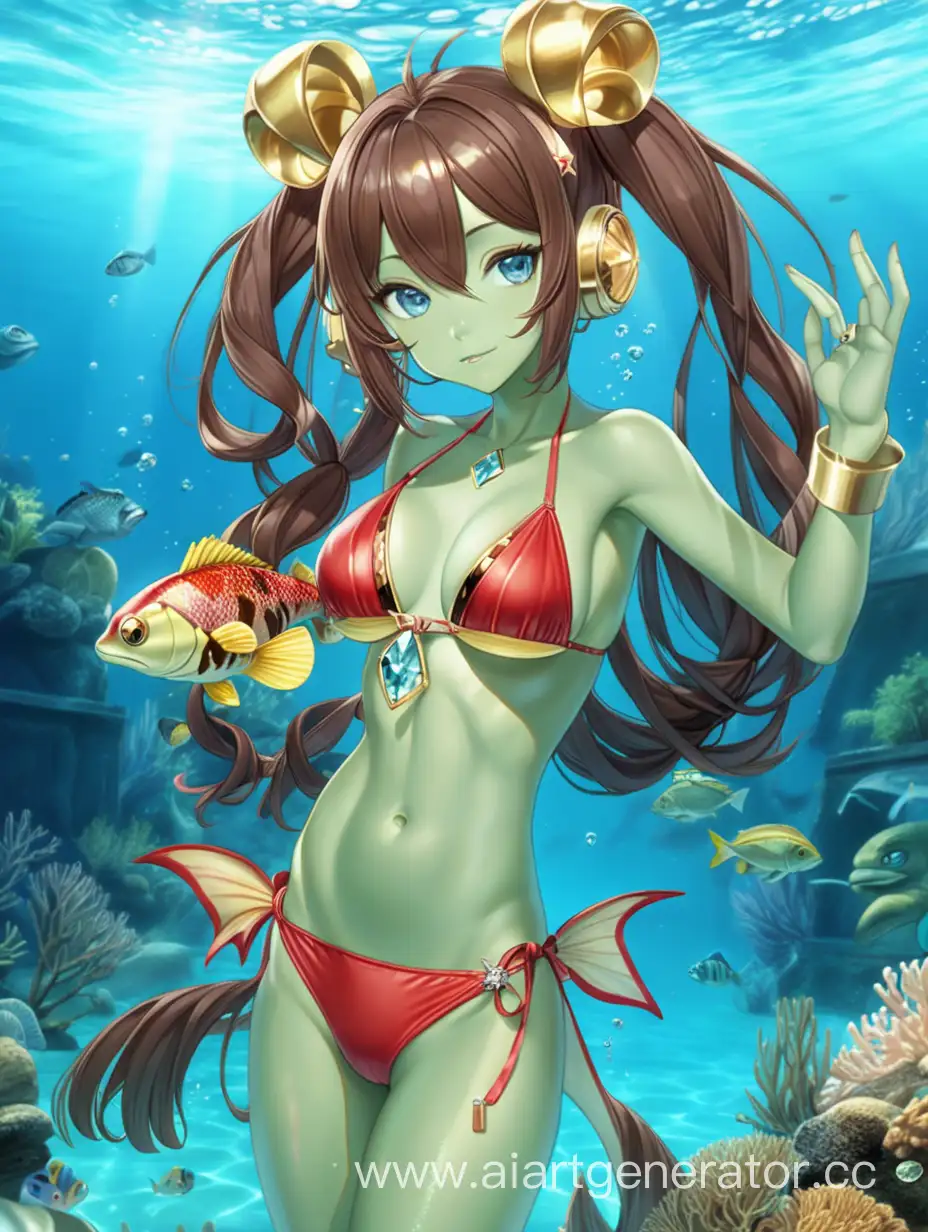 anime girl-amphibian, with light green skin, underwater, in red and golden bikini, with fish shaped ears, light blue eyes, dark brown double bun hair, holding a diamond
