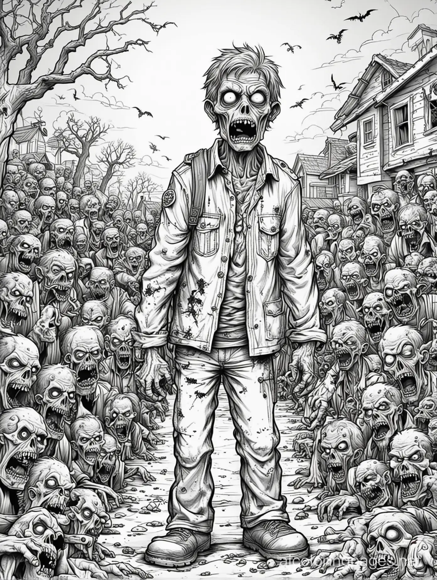 zombie outbreak, Coloring Page, black and white, line art, white background, Simplicity, Ample White Space. The background of the coloring page is plain white to make it easy for young children to color within the lines. The outlines of all the subjects are easy to distinguish, making it simple for kids to color without too much difficulty