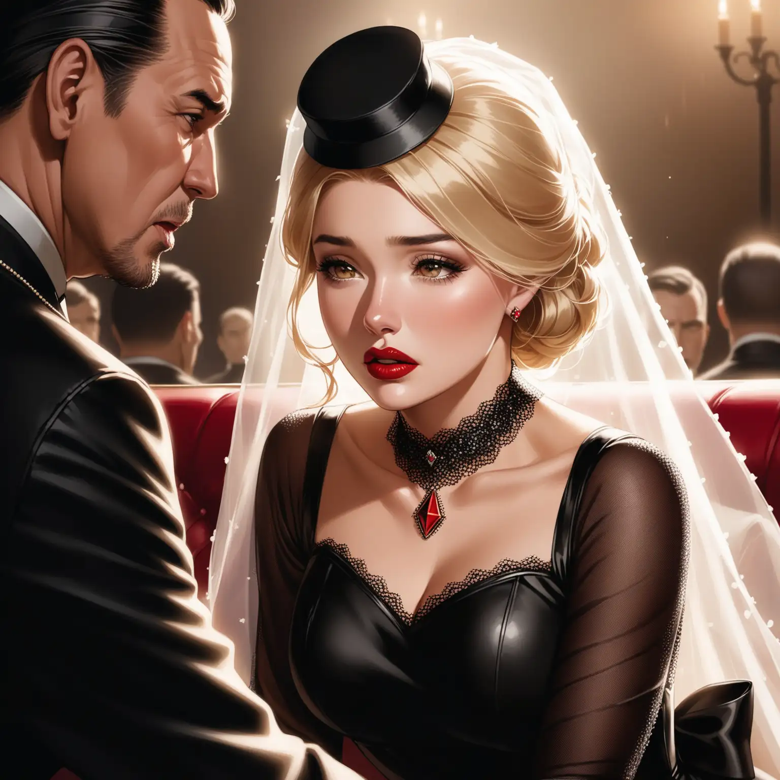 A beautiful blonde woman with full red lips sits across from a man in his 50’s her facial expression is devastated. She wears a black small pin hat with a veil and a leather and sheer black dress.