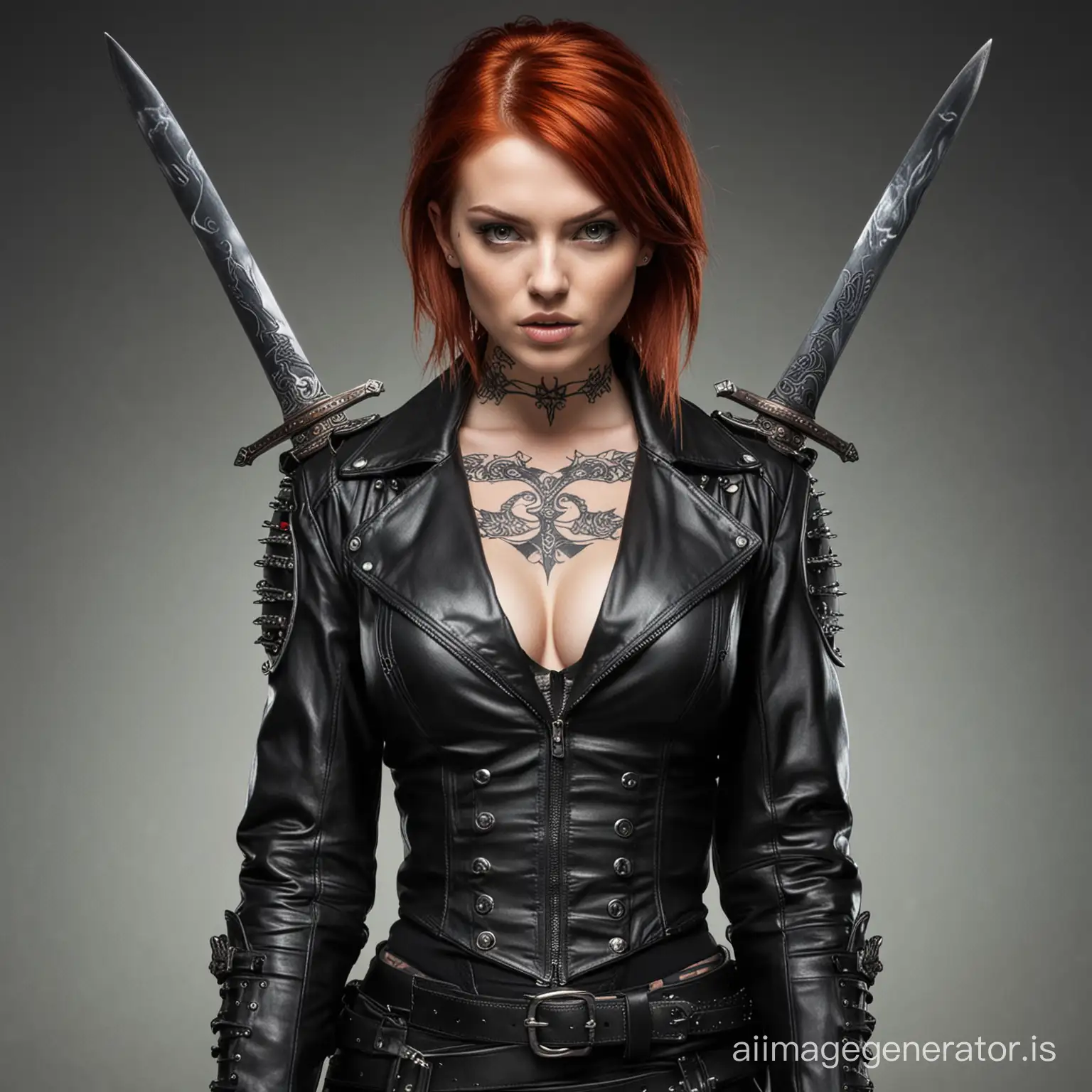 The girl. With red hair and white eyes. Dressed in a black leather suit with two swords on her back. Tattoo on her neck and arm.