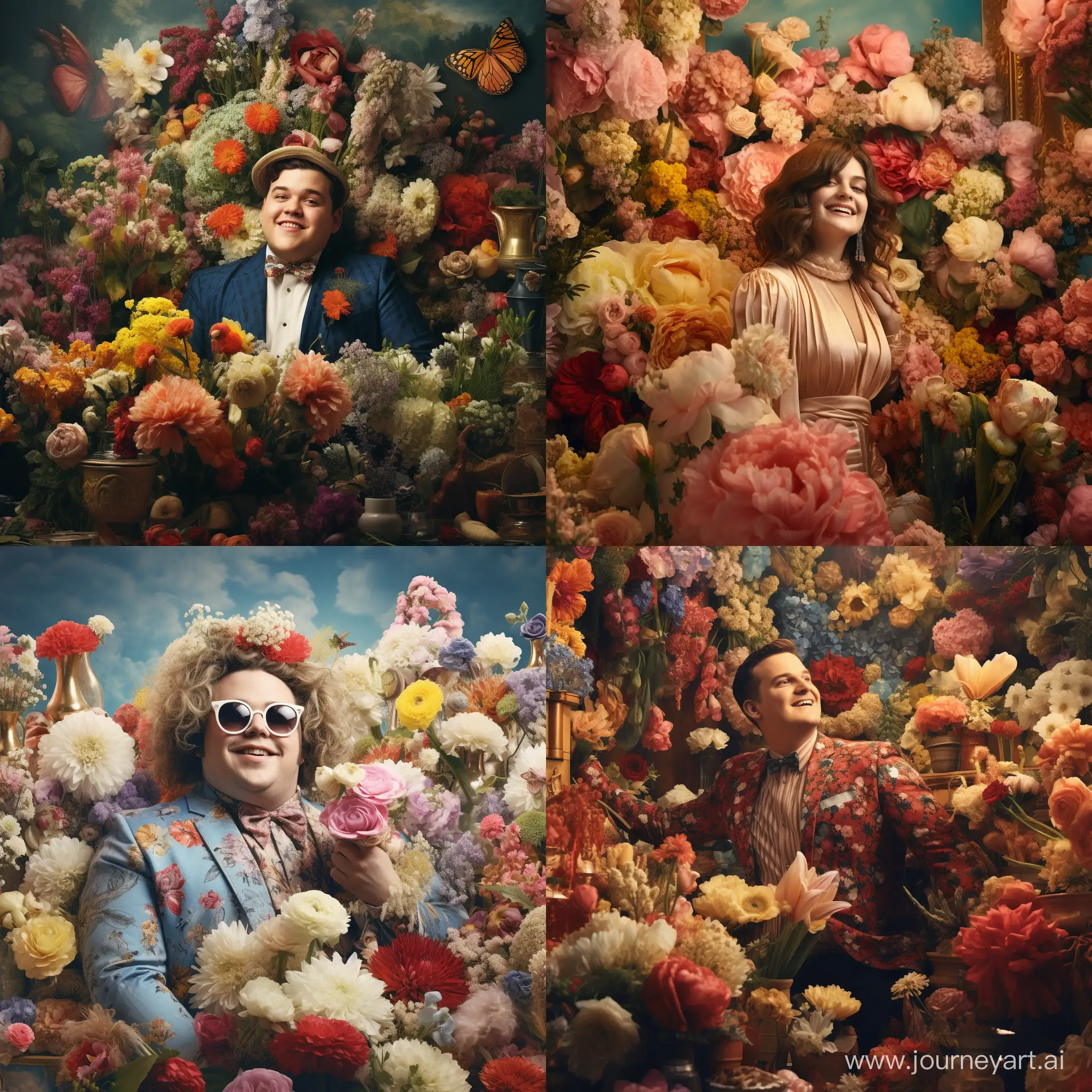 a smiling chubby italian florist is standing in front of a bunch of flowers, in the style of vibrant collage, extravagant, bella kotak, album covers, carson grubaugh, uhd image, lasar segall
