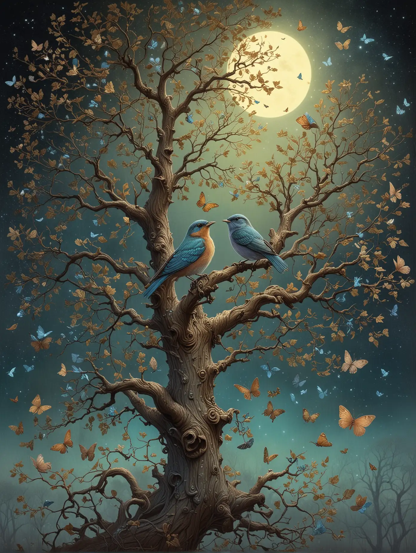 night, birds singing on a sycamore tree branch, pastel colors, vintage, kerem beyit, by Daniel Merriam, esao andrews, ornate, by Kerembeyit, inspired by Daniel Merriam, by Jan Kip, daniel merriam, butterfly, highly detailed digital artwork, antique, vintage, dusty, and rugged illustration