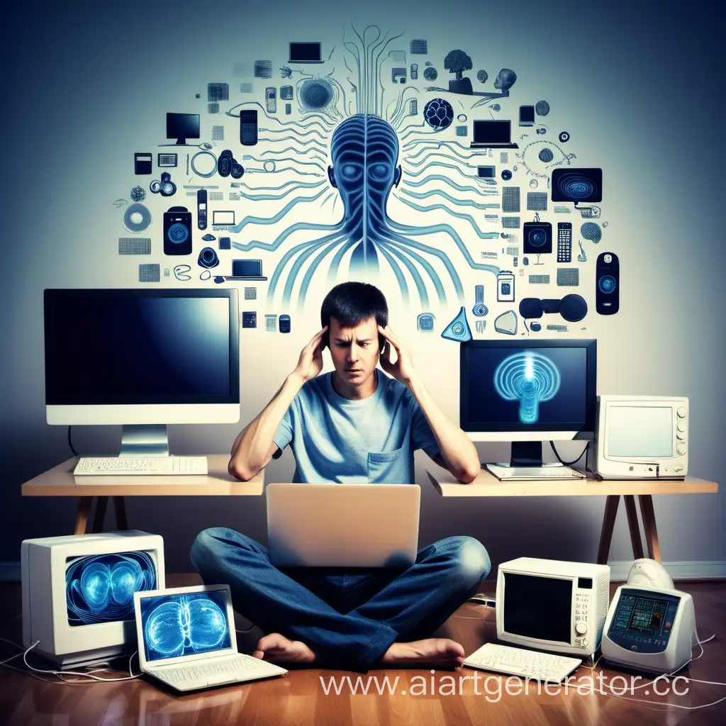 Image of a person surrounded by various sources of electromagnetic radiation, such as computers, mobile phones, and household appliances