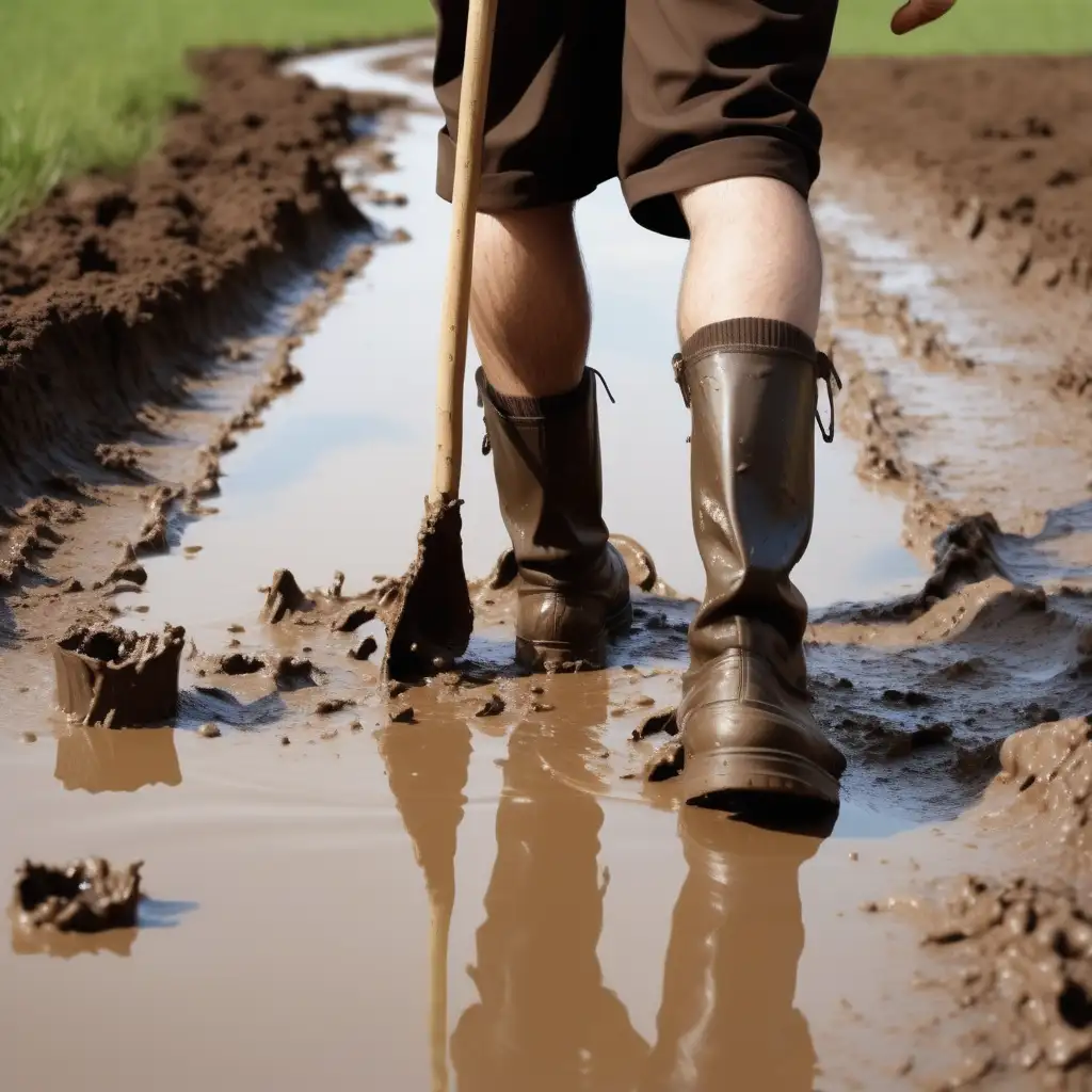 Create a picture of a Jewish man walking in a puddle of mud and the mud sticks to his shoes