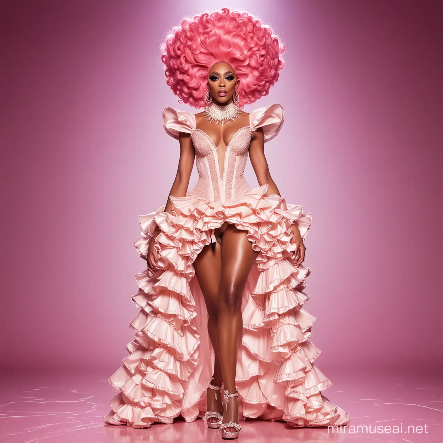 a full body image of a skinny african american drag queen walking on the Rupaul's Drag race runway wearing an outfit inspired by the prompt: ruffles 