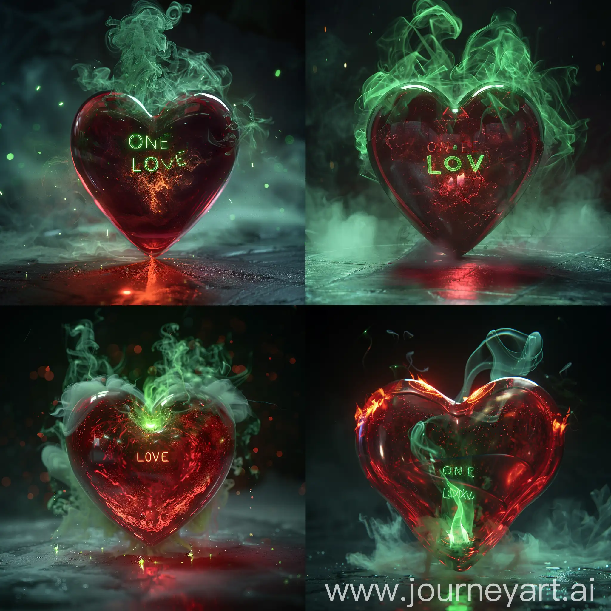 On a dark background, a red glass transparent heart burns with a bright ghostly green flame, spreading ghostly green smoke and green light around, a laser engraving with the text "ONE LOVE" flickers inside the heart --s 250