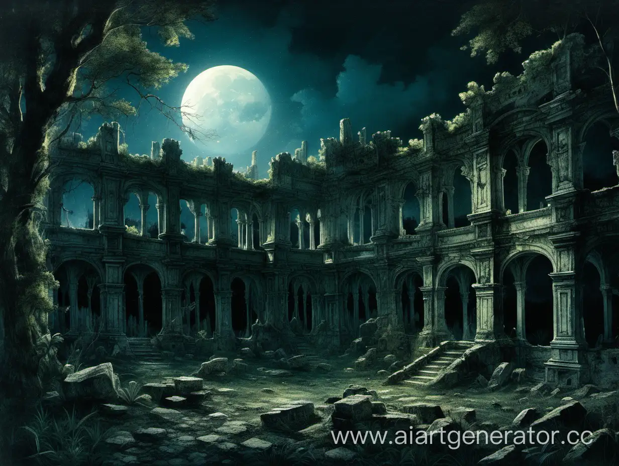 Ruins of a palace amidst a night forest, illuminated by moonlight