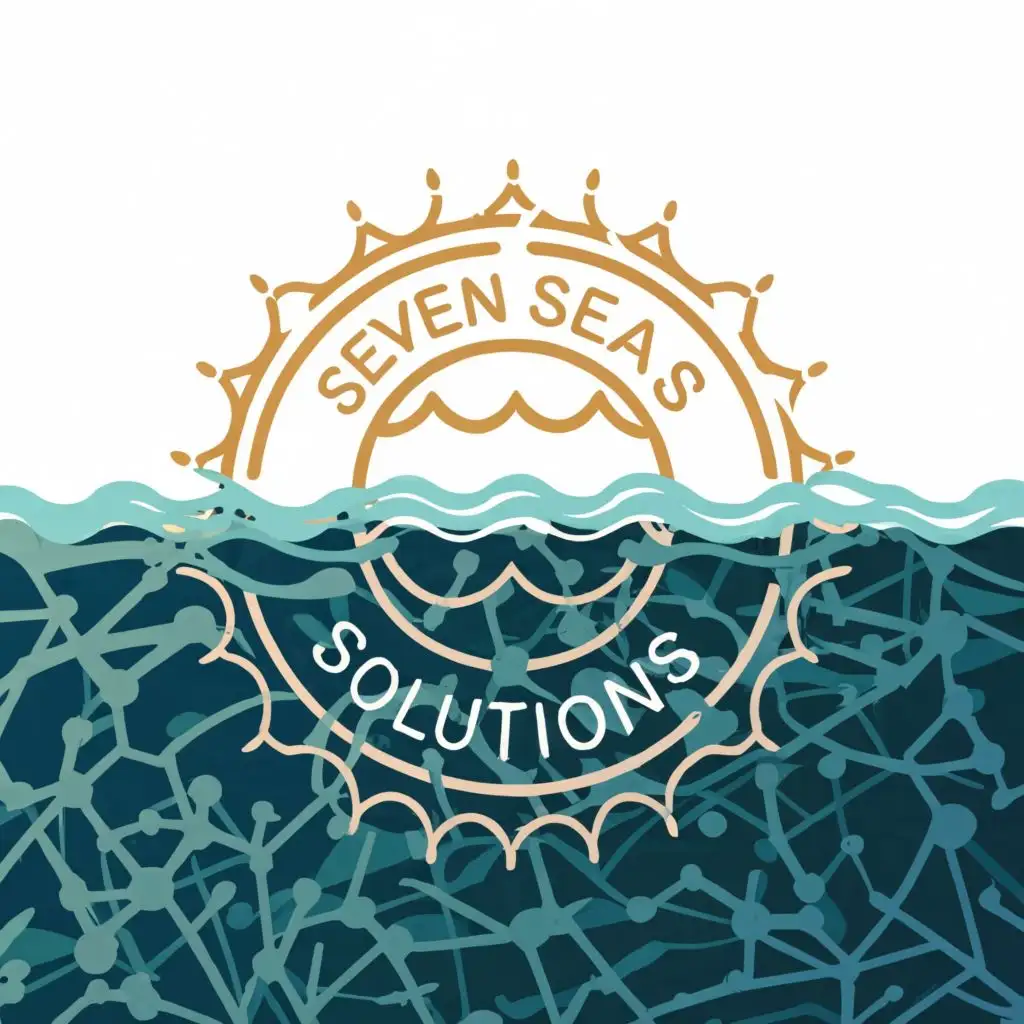 logo, Sea and sky with a clear horizon and sunlight reflections., with the text "Seven Seas Solutions", typography, be used in Technology industry