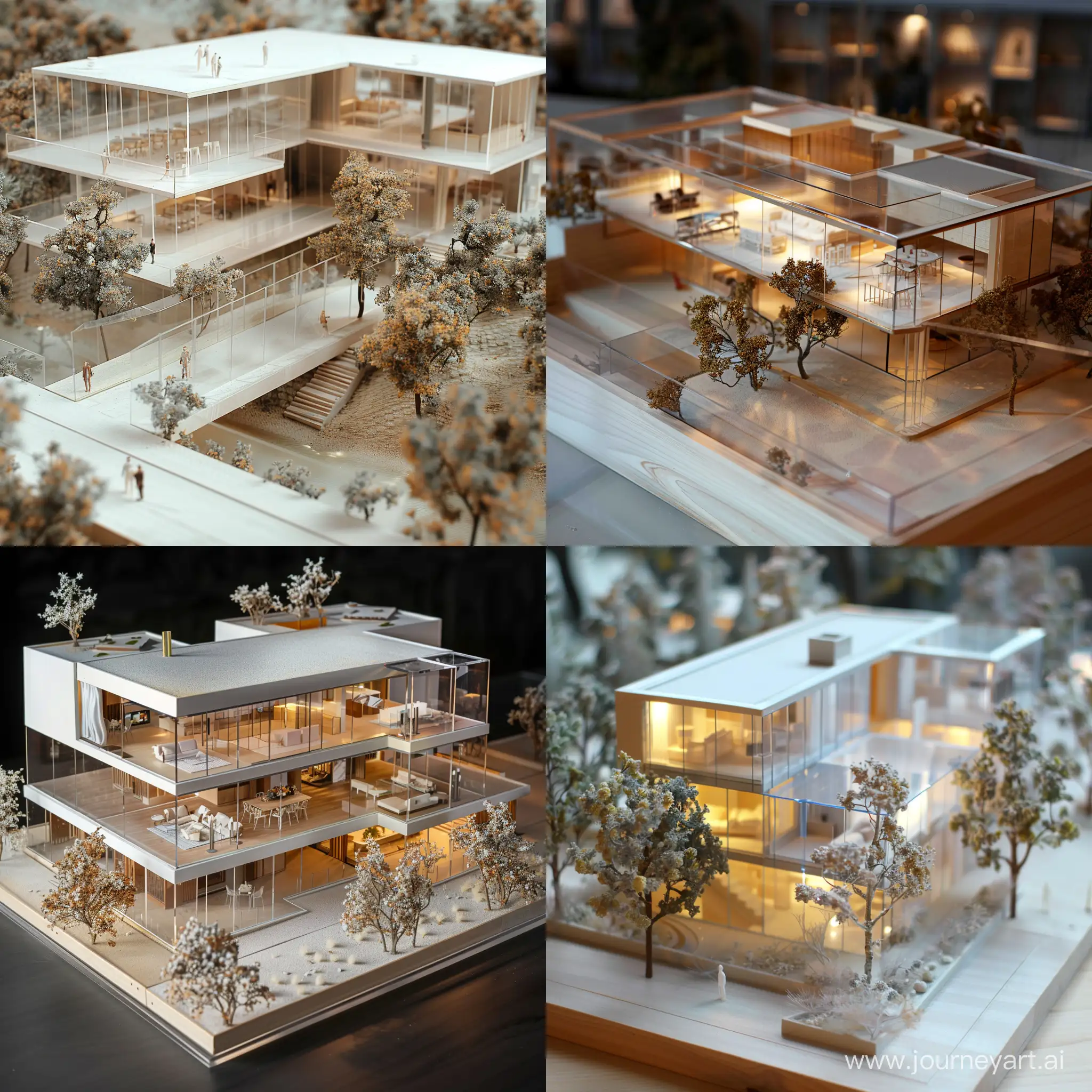
A model of a villa with transparent glass corridors through which the interior spaces are visible ,scale model , high quality 
