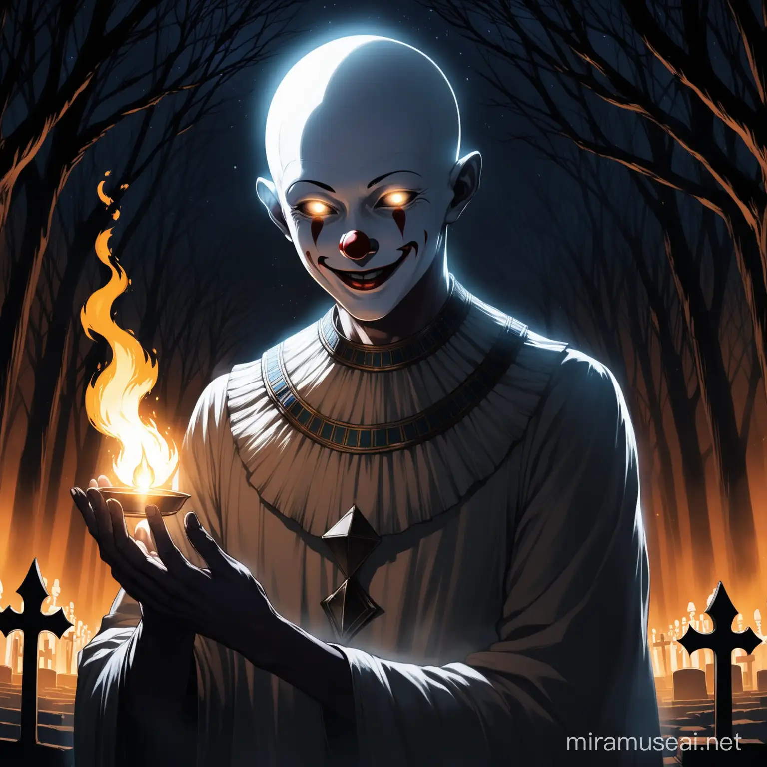 Clown Holding silver fire-anhk in the palm of his hands
appreance- close up/male/ albino skin/ hidden in shadows/  silver fire-anhk/smiling/ hairless/ 
background- sillouette of trees/ night/egyptian cemetery
