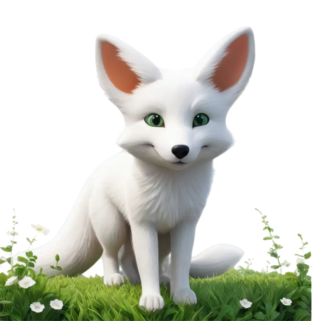 At the center of the composition sits an irate white fox, poised on a verdant green meadow, exuding a striking sense of dynamism. This fox is snowy white, as pure as a freshly formed snowball, its plush fur gleaming silver under the light. The background is an expansive, boundless sea of greenery, rendered in the distinctive Studio Ghibli aesthetic.