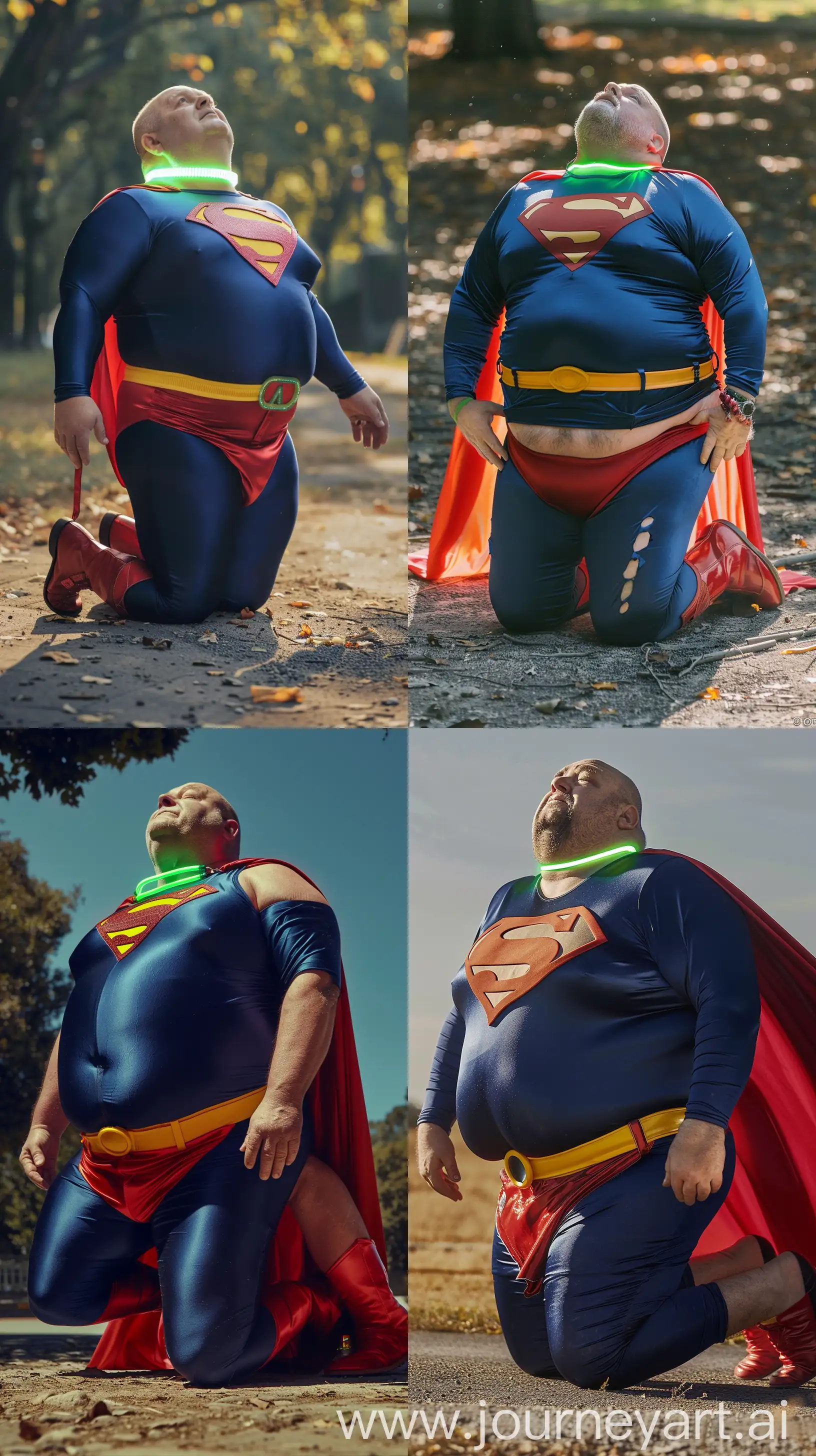 Front close-up photo of a fat man aged 60 wearing silk navy blue complete superman tight costume with a large red cape, red trunks, yellow belt, red boots and a tight green glowing neon dog collar. Falling on his knees on the ground looking at the sky. Outside. Bald. Clean Shaven. Natural light. --ar 9:16