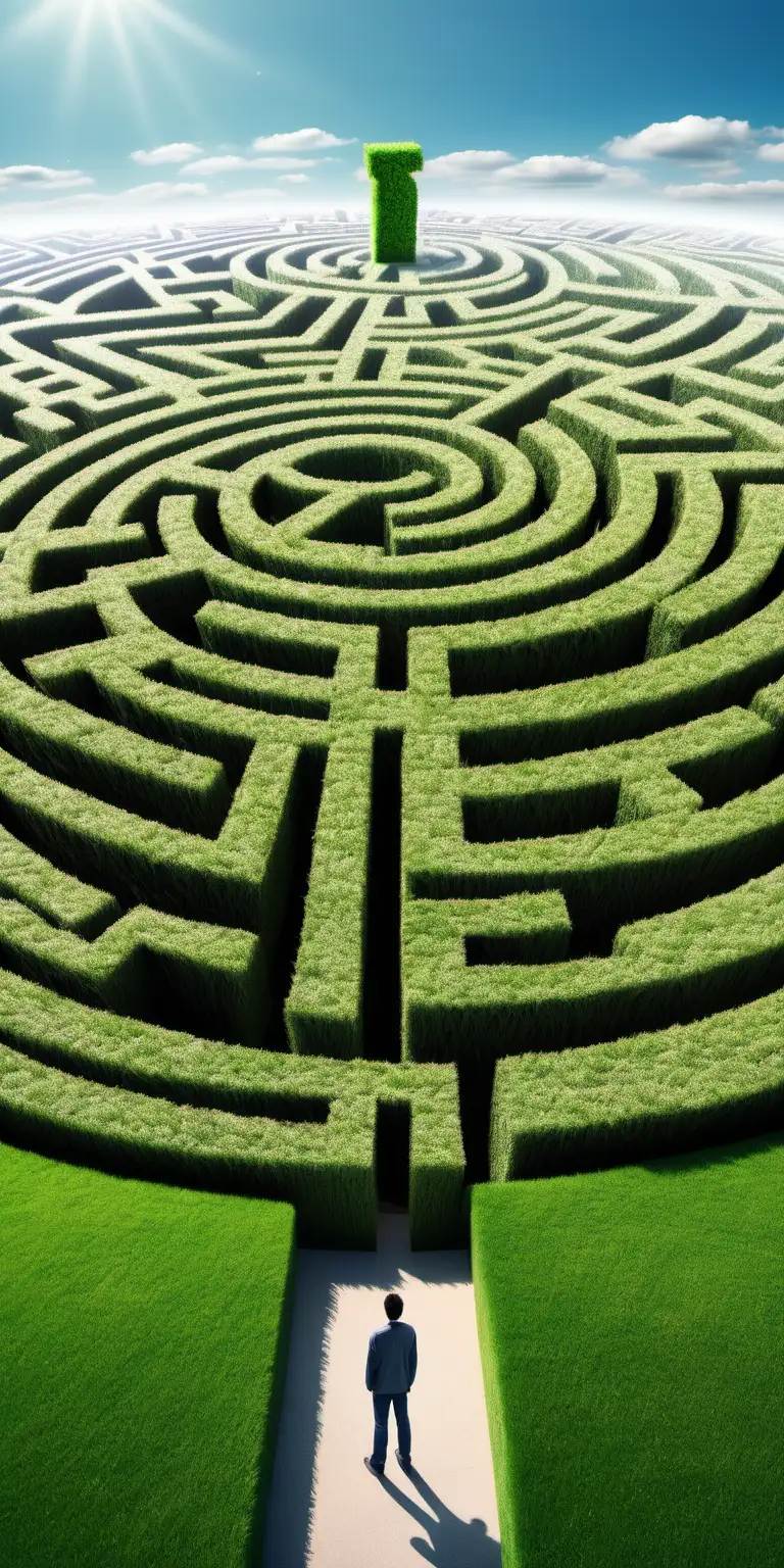 create a  grass maze, a variety of shapes, In the centre, write the word solution, clear sky in the background, one person standing at the opening of the maze, the maze is towering over the person